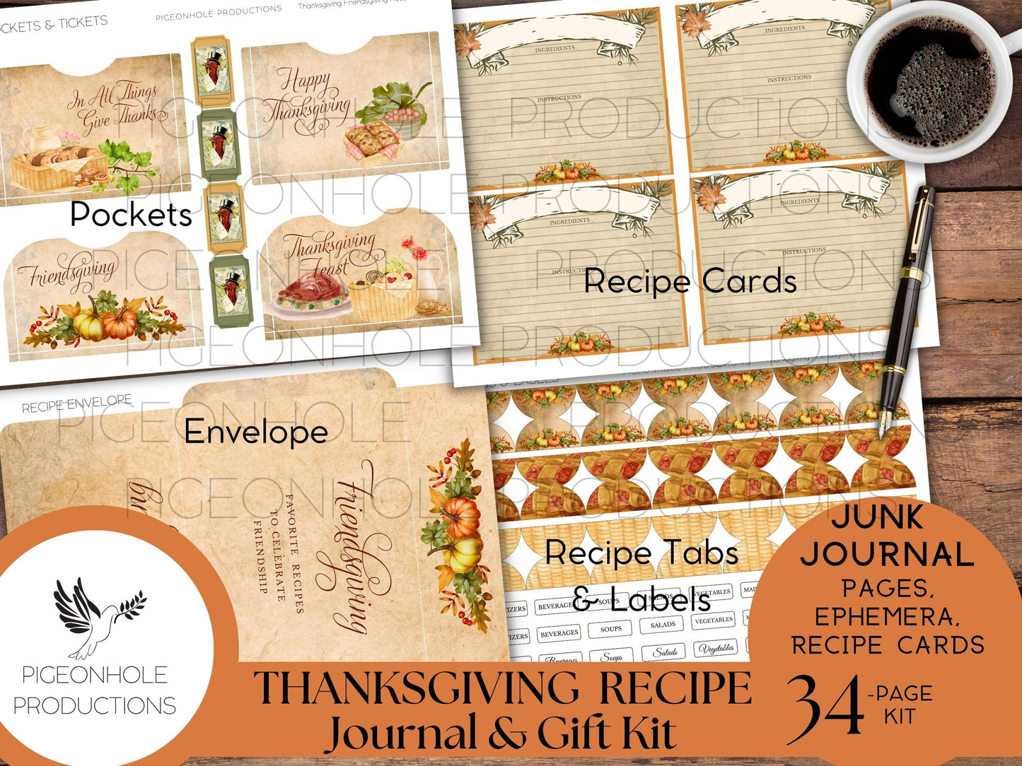 Thanksgiving Recipe Journal & Gift Kit, PRINTABLE, 34 sheets, with recipe cards, gift envelope—everything needed to make a journal or gift!