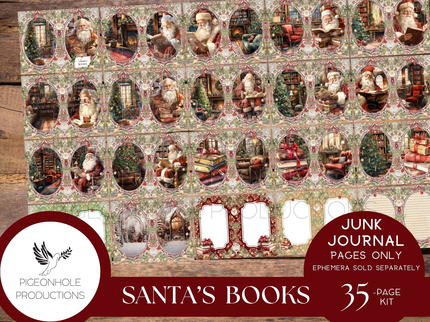 Santa's Books Christmas Junk Journal, Reading Log, Wish List, PRINTABLE, beautiful images of Santa reading his favorite books in his library