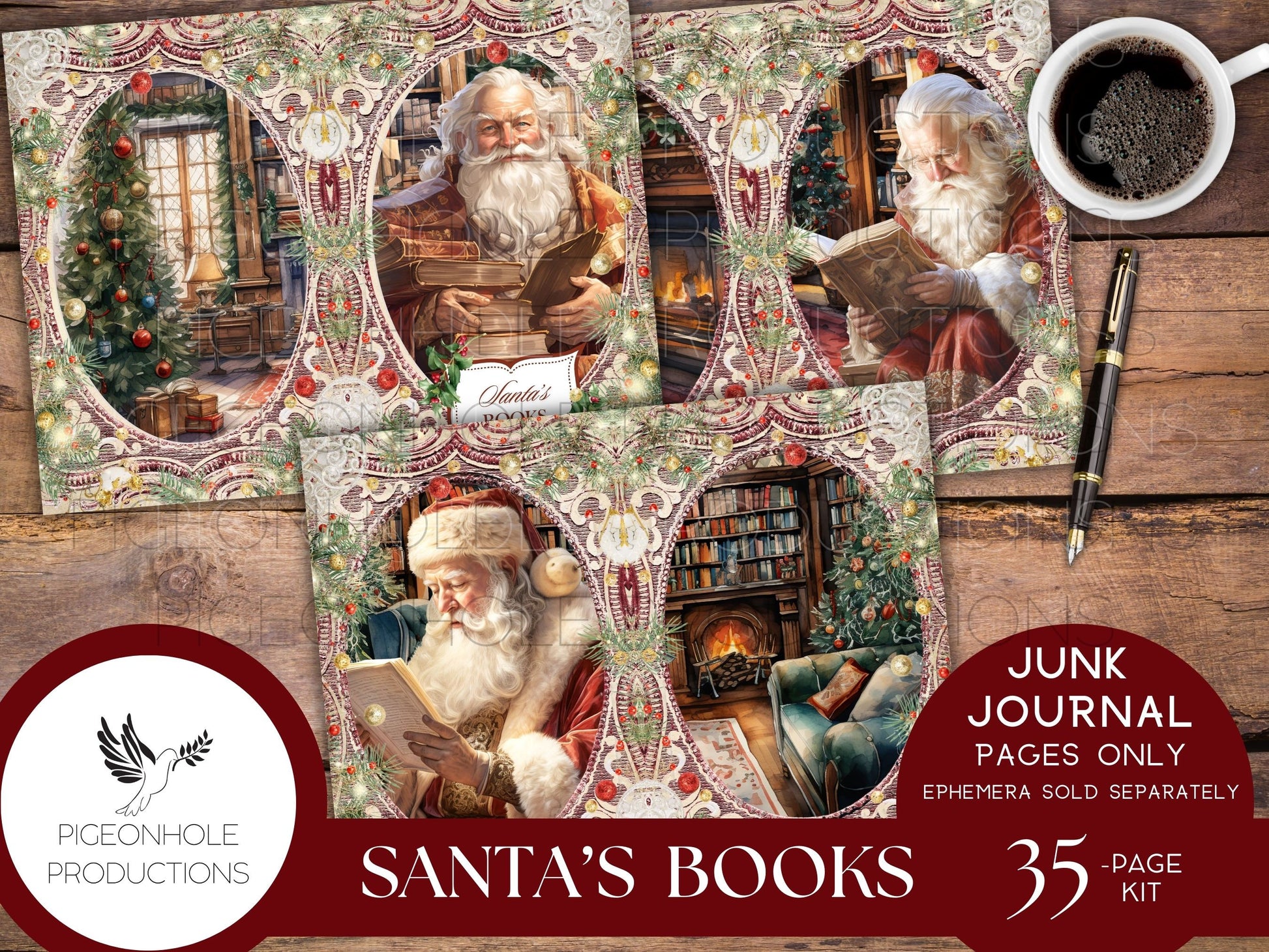 Santa's Books Christmas Junk Journal, Reading Log, Wish List, PRINTABLE, beautiful images of Santa reading his favorite books in his library