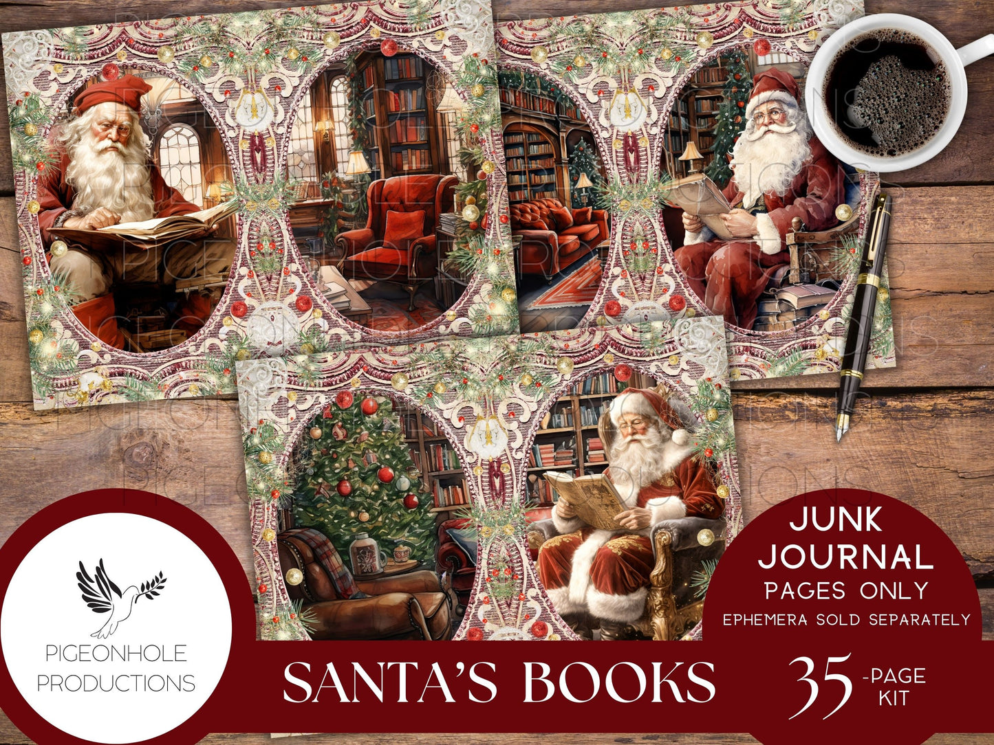 Santa's Books Christmas Junk Journal, Reading Log, Wish List, PRINTABLE, beautiful images of Santa reading his favorite books in his library