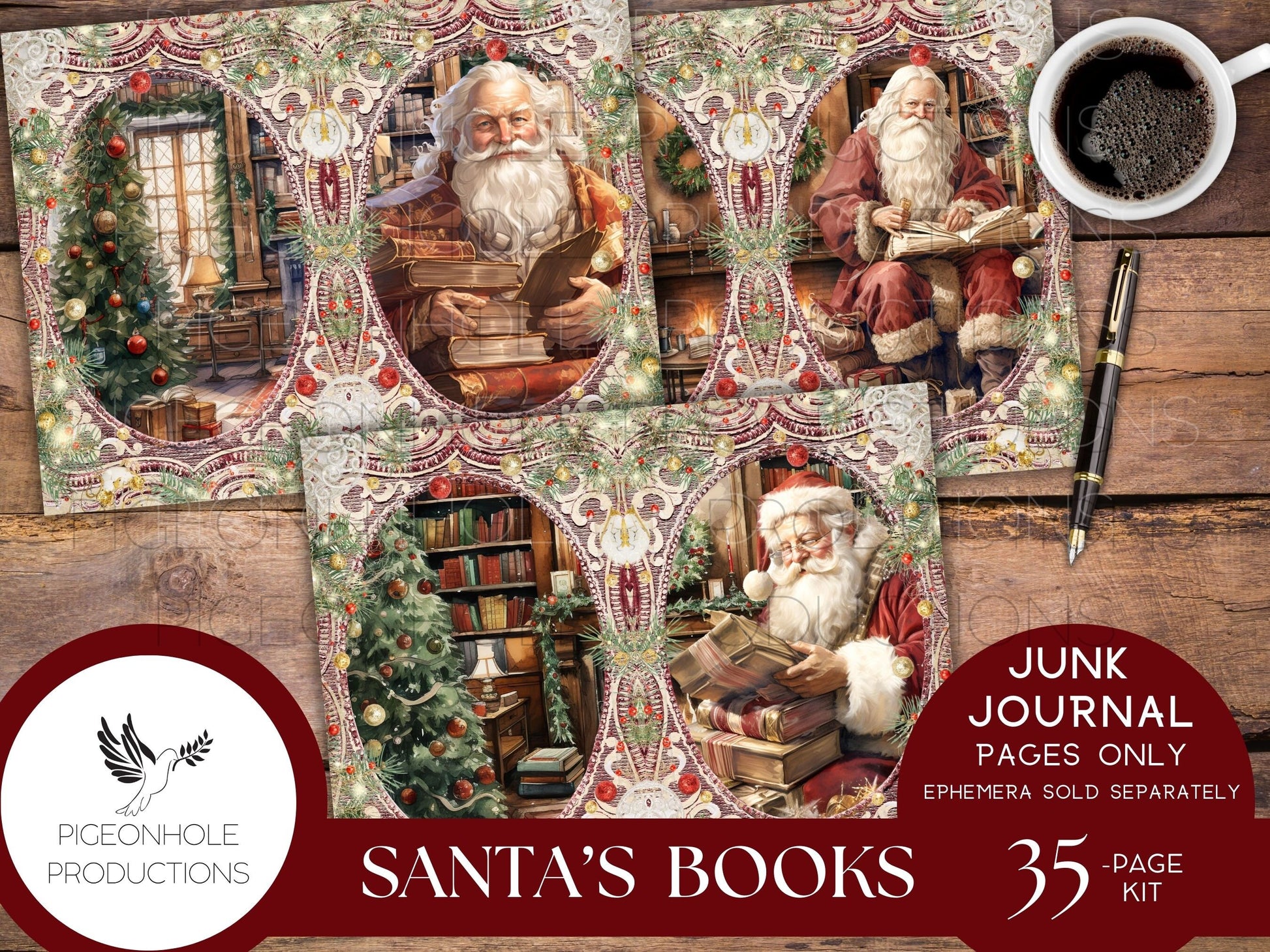 Santa's Books Christmas Junk Journal, Reading Log, Wish List, PRINTABLE, beautiful images of Santa reading his favorite books in his library