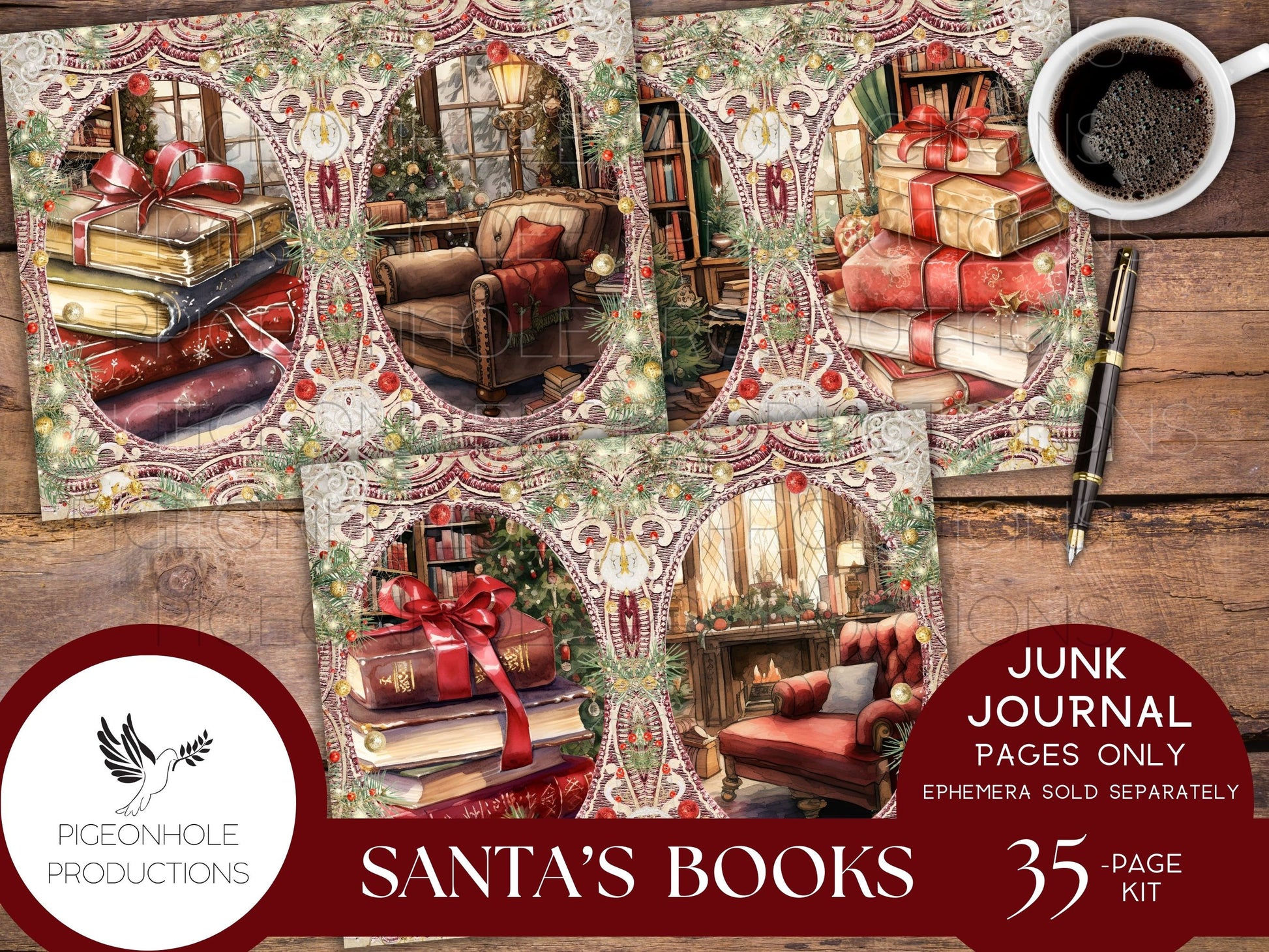 Santa's Books Christmas Junk Journal, Reading Log, Wish List, PRINTABLE, beautiful images of Santa reading his favorite books in his library