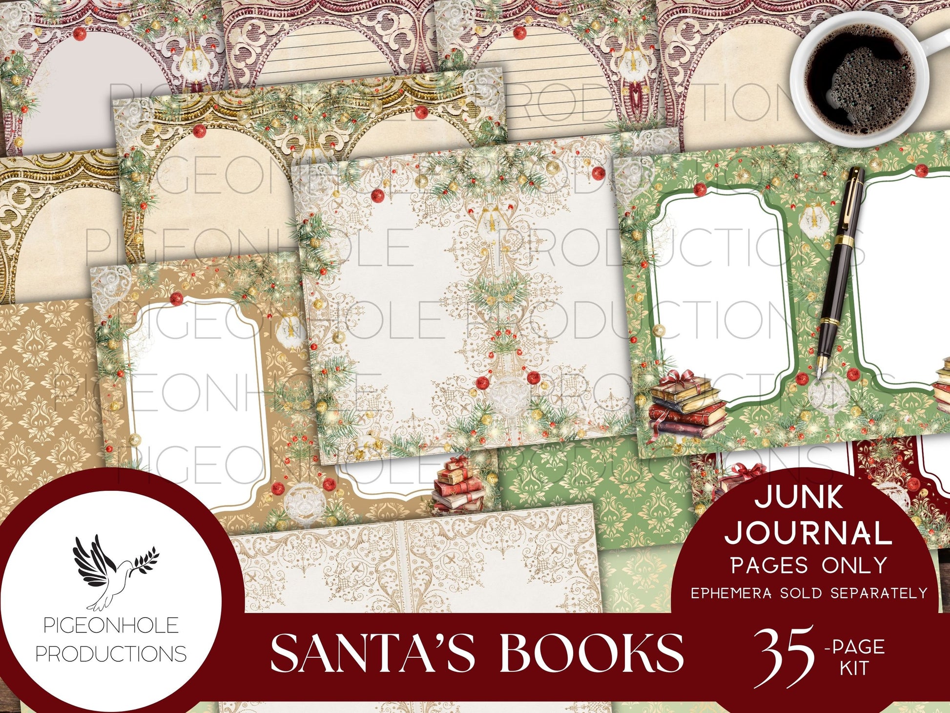 Santa's Books Christmas Junk Journal, Reading Log, Wish List, PRINTABLE, beautiful images of Santa reading his favorite books in his library