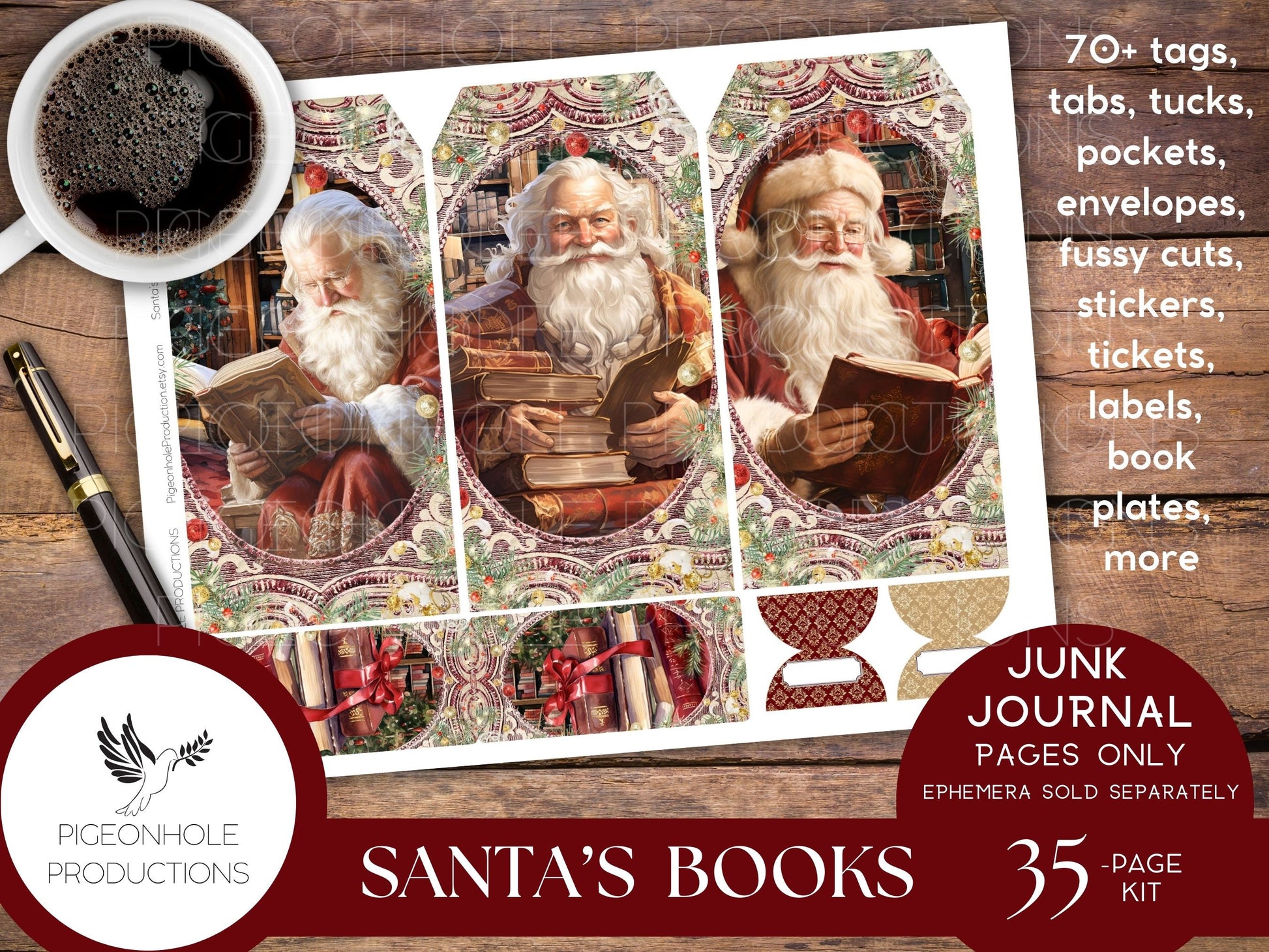 Santa's Books Christmas Junk Journal EPHEMERA, PRINTABLE, 70+ tags, tucks, pockets, envelopes, fussy cuts, stickers, tickets, labels, more!