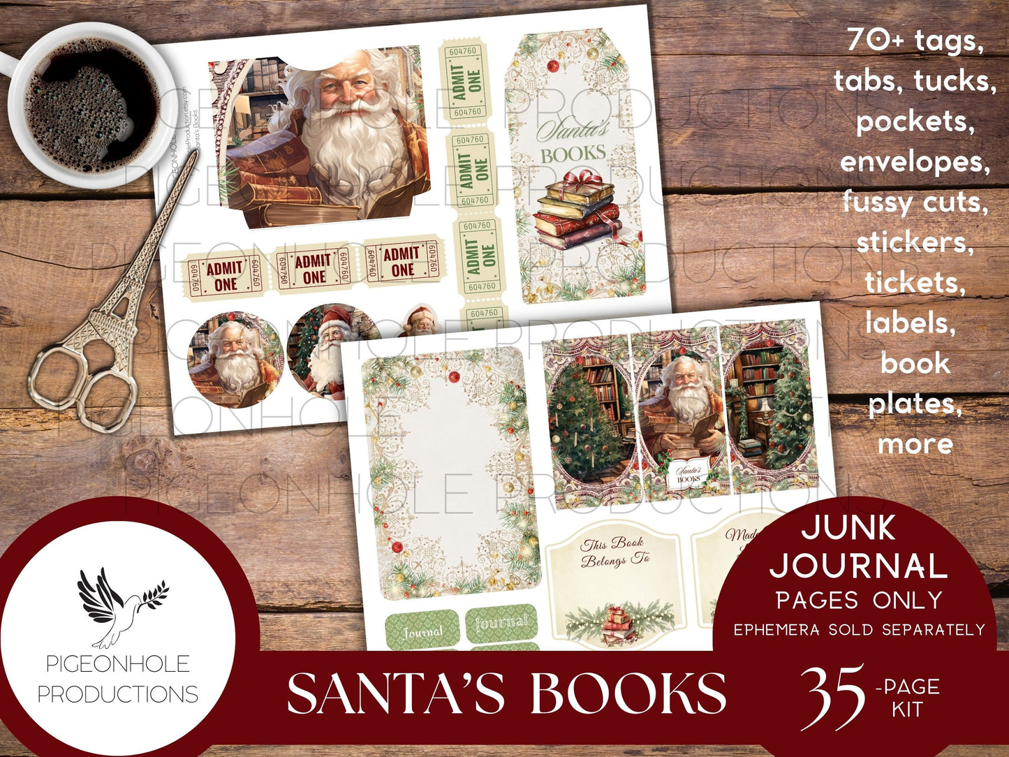 Santa's Books Christmas Junk Journal EPHEMERA, PRINTABLE, 70+ tags, tucks, pockets, envelopes, fussy cuts, stickers, tickets, labels, more!
