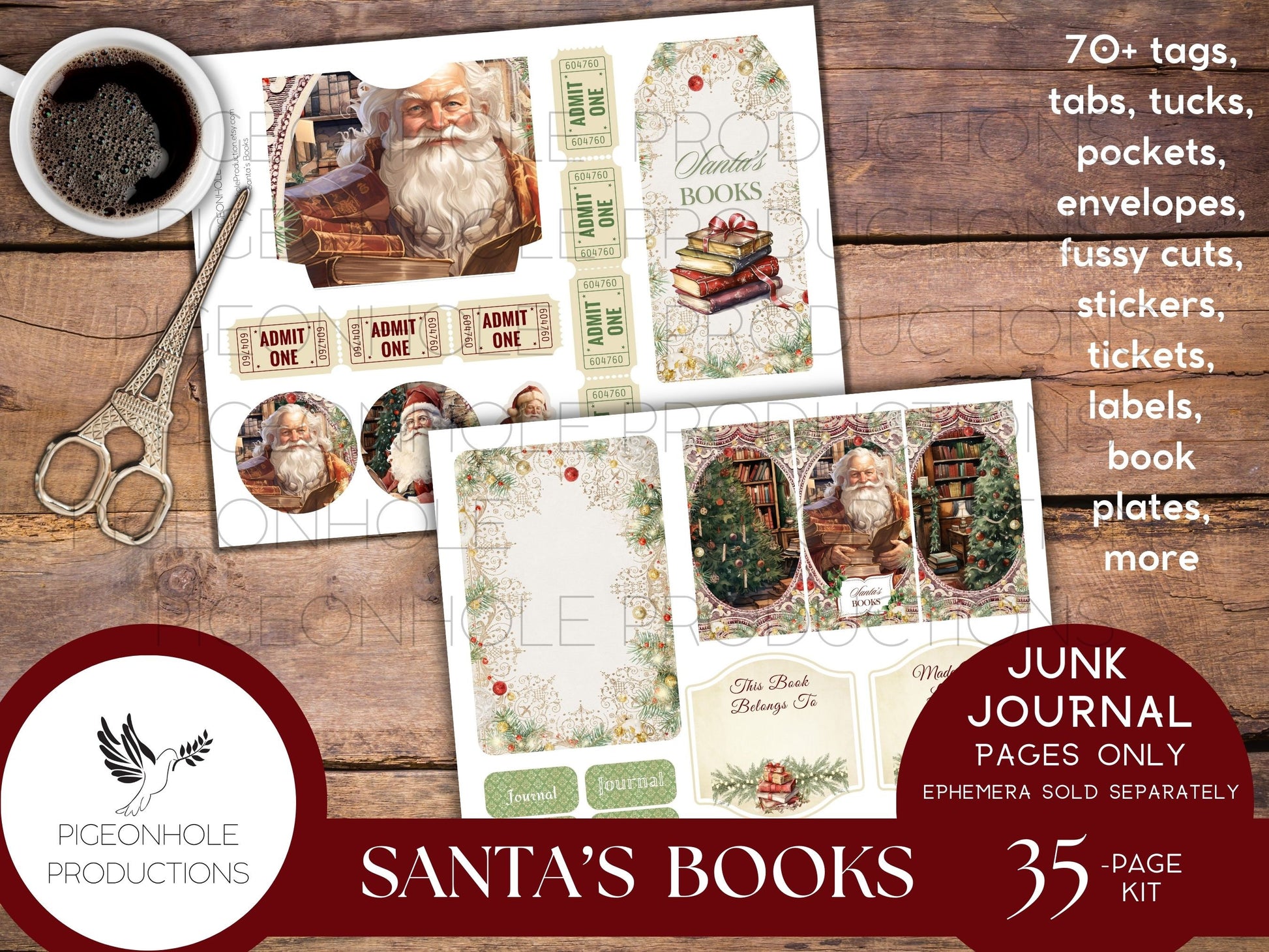 Santa's Books Christmas Junk Journal EPHEMERA, PRINTABLE, 70+ tags, tucks, pockets, envelopes, fussy cuts, stickers, tickets, labels, more!