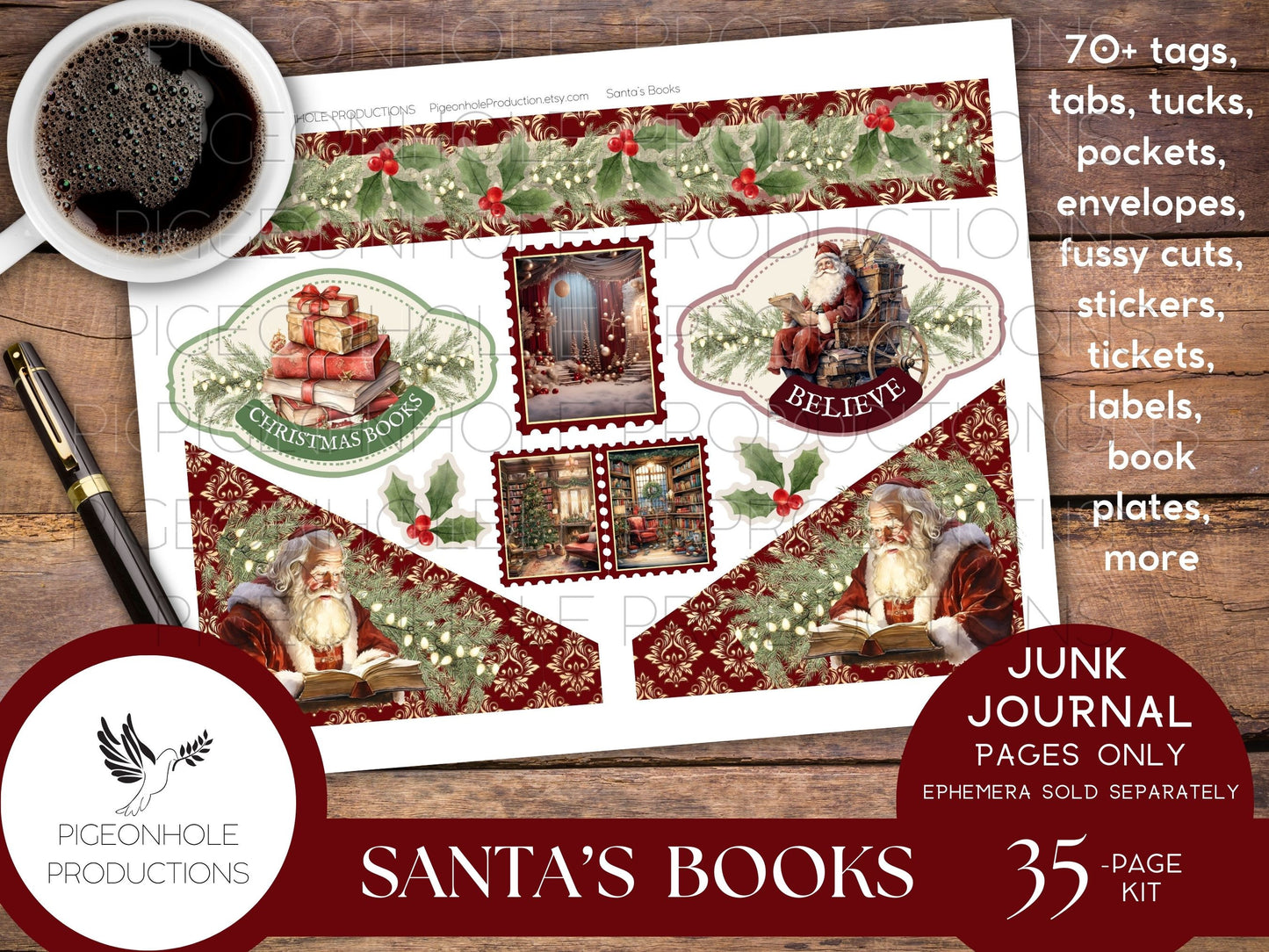 Santa's Books Christmas Junk Journal EPHEMERA, PRINTABLE, 70+ tags, tucks, pockets, envelopes, fussy cuts, stickers, tickets, labels, more!