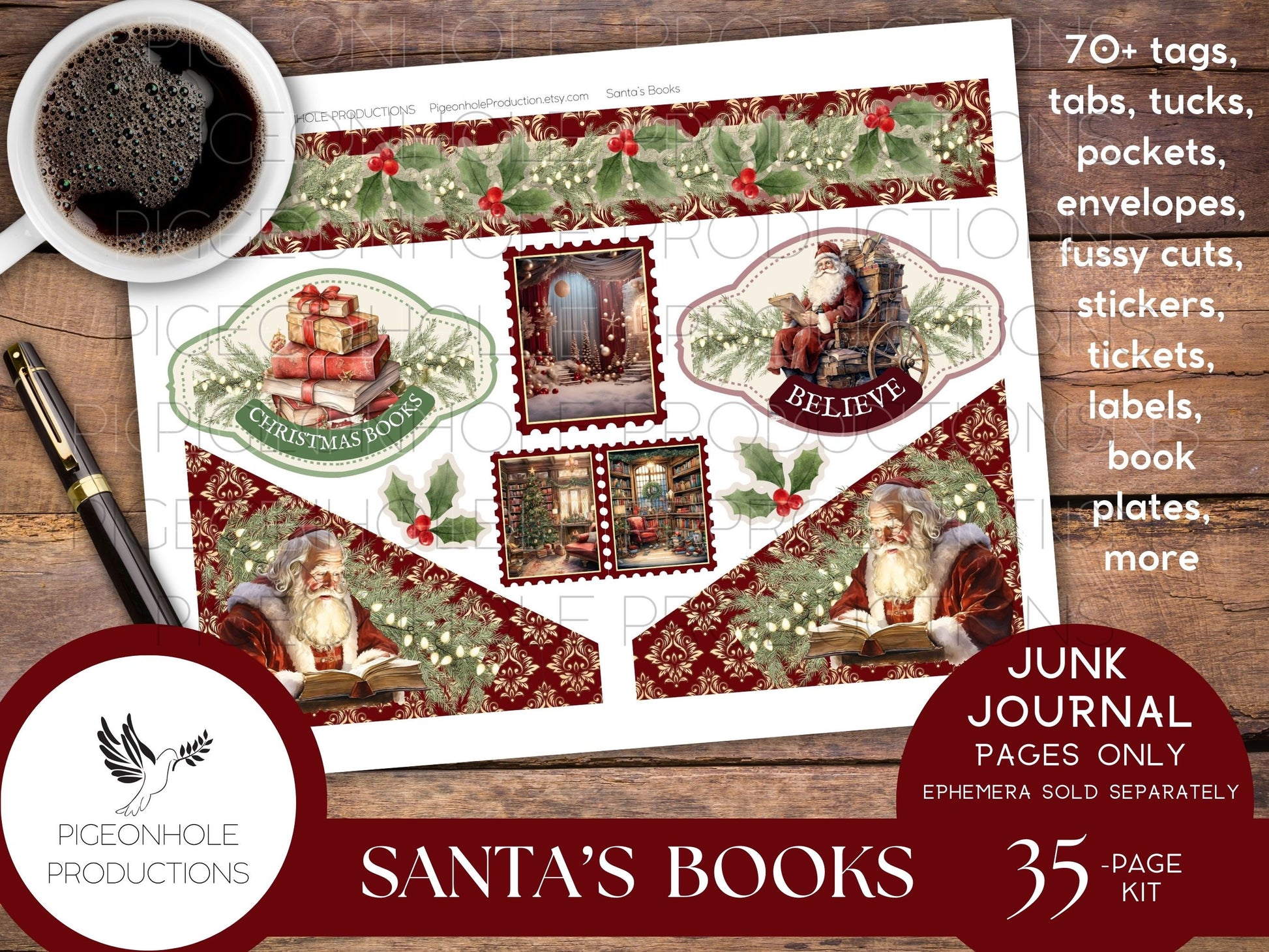 Santa's Books Christmas Junk Journal EPHEMERA, PRINTABLE, 70+ tags, tucks, pockets, envelopes, fussy cuts, stickers, tickets, labels, more!