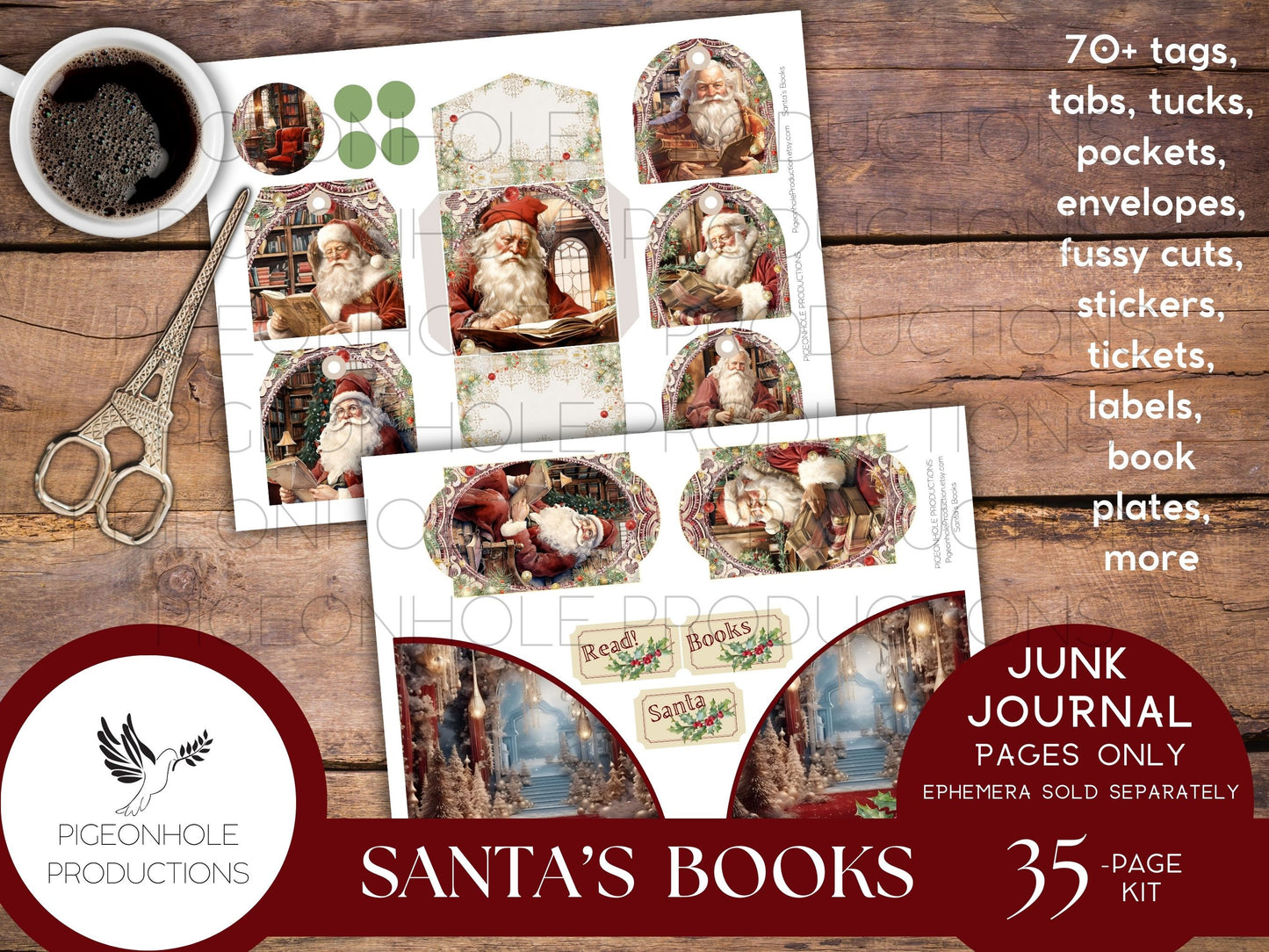 Santa's Books Christmas Junk Journal EPHEMERA, PRINTABLE, 70+ tags, tucks, pockets, envelopes, fussy cuts, stickers, tickets, labels, more!