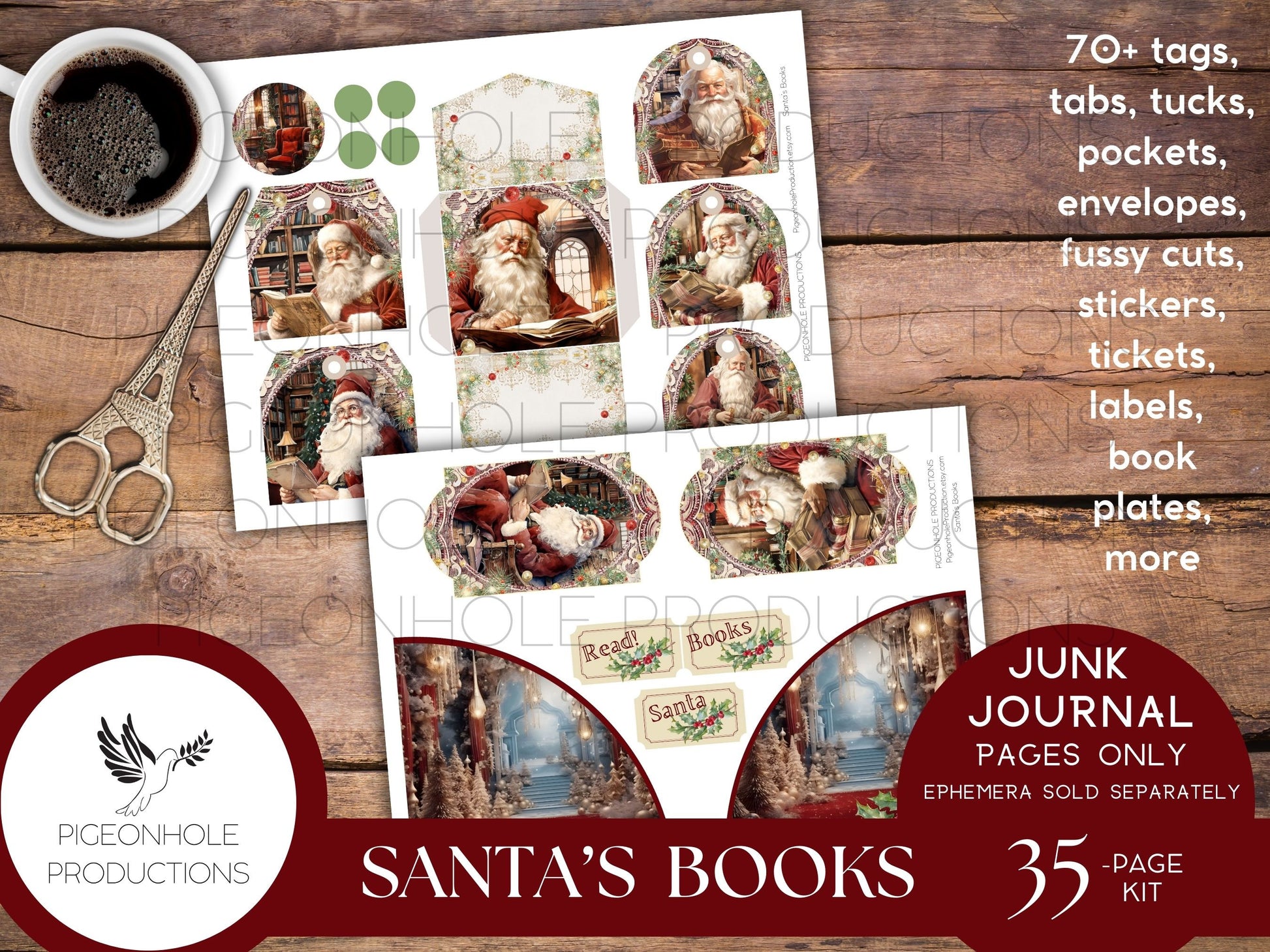 Santa's Books Christmas Junk Journal EPHEMERA, PRINTABLE, 70+ tags, tucks, pockets, envelopes, fussy cuts, stickers, tickets, labels, more!