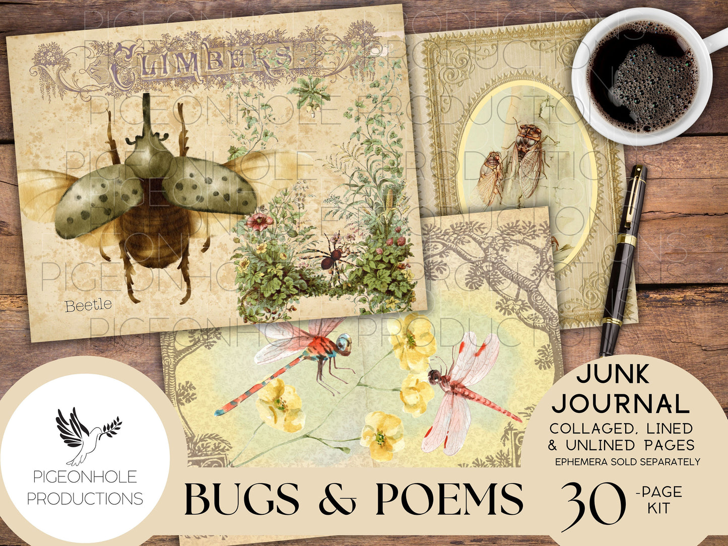 Bugs & Poems Junk Journal Pages Kit, PRINTABLE, 30 collaged, lined and unlined papers for journaling, scrapbooking, card making, papercraft