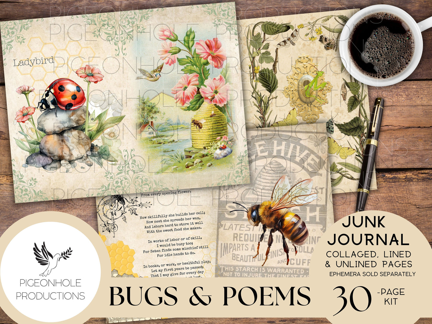 Bugs & Poems Junk Journal Pages Kit, PRINTABLE, 30 collaged, lined and unlined papers for journaling, scrapbooking, card making, papercraft