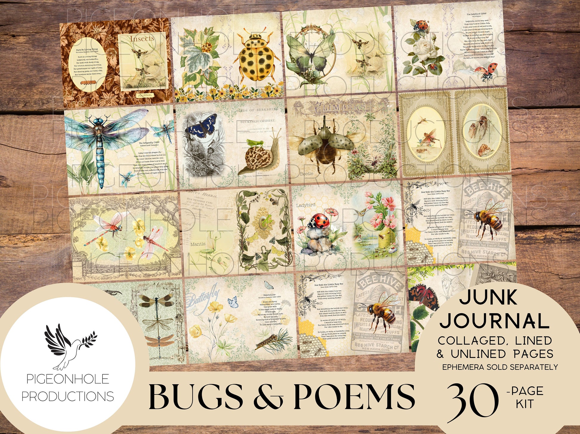 Bugs & Poems Junk Journal Pages Kit, PRINTABLE, 30 collaged, lined and unlined papers for journaling, scrapbooking, card making, papercraft