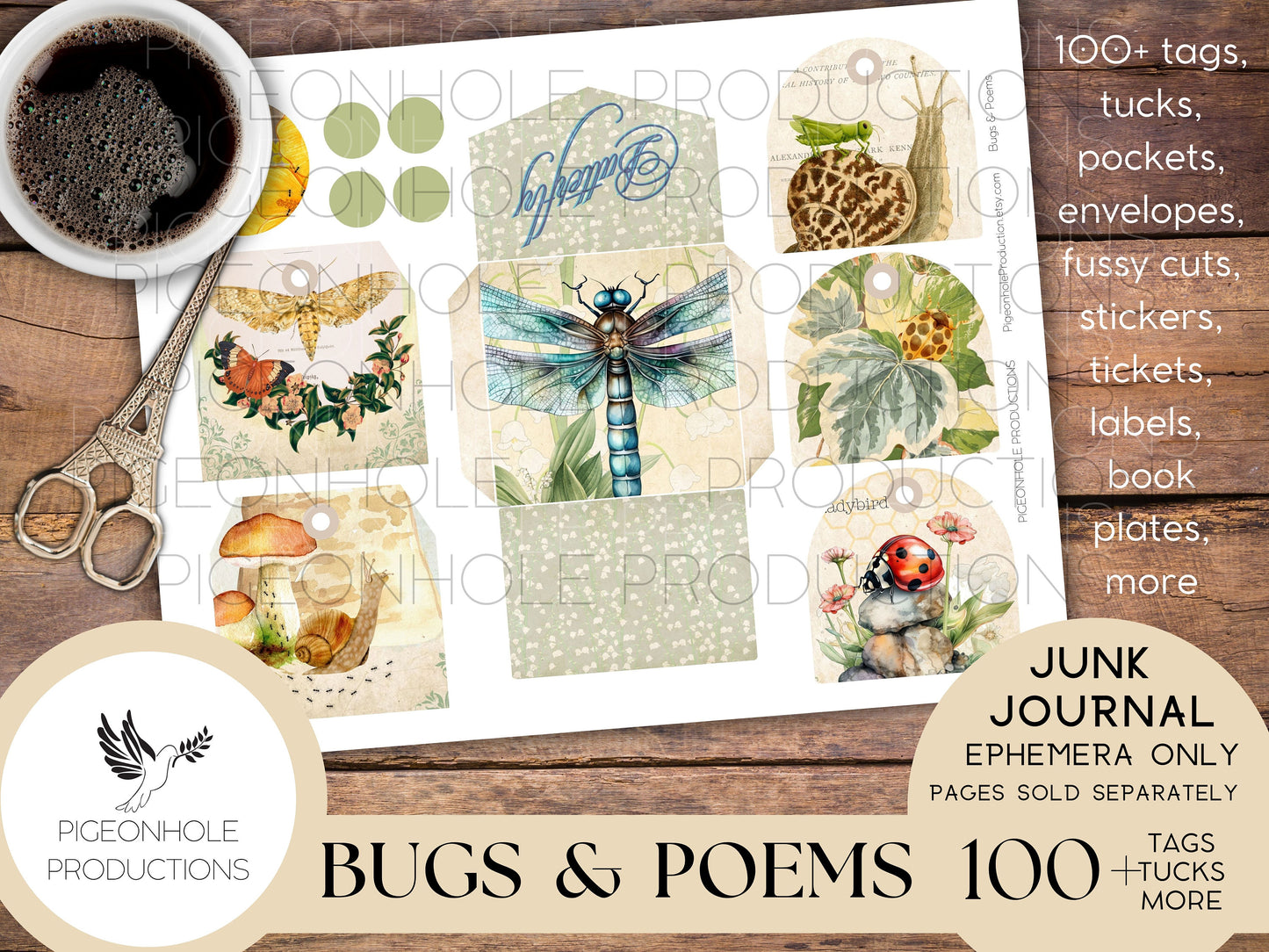 Bugs & Poems Junk Journal EPHEMERA, PRINTABLE, 70+ tags, tucks, pockets, envelopes, fussy cuts, stickers, tickets, labels, bookplates, more!