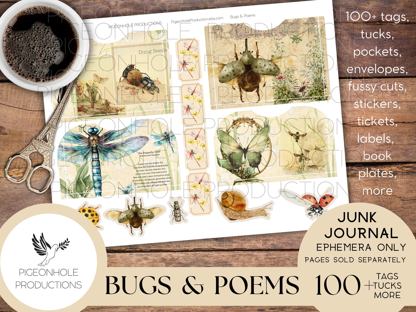 Bugs & Poems Junk Journal EPHEMERA, PRINTABLE, 70+ tags, tucks, pockets, envelopes, fussy cuts, stickers, tickets, labels, bookplates, more!