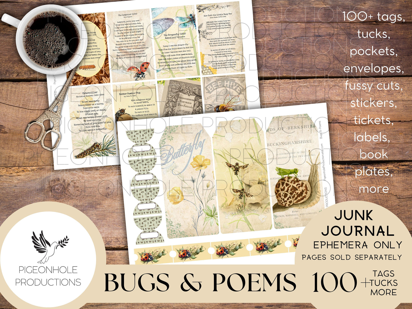 Bugs & Poems Junk Journal EPHEMERA, PRINTABLE, 70+ tags, tucks, pockets, envelopes, fussy cuts, stickers, tickets, labels, bookplates, more!