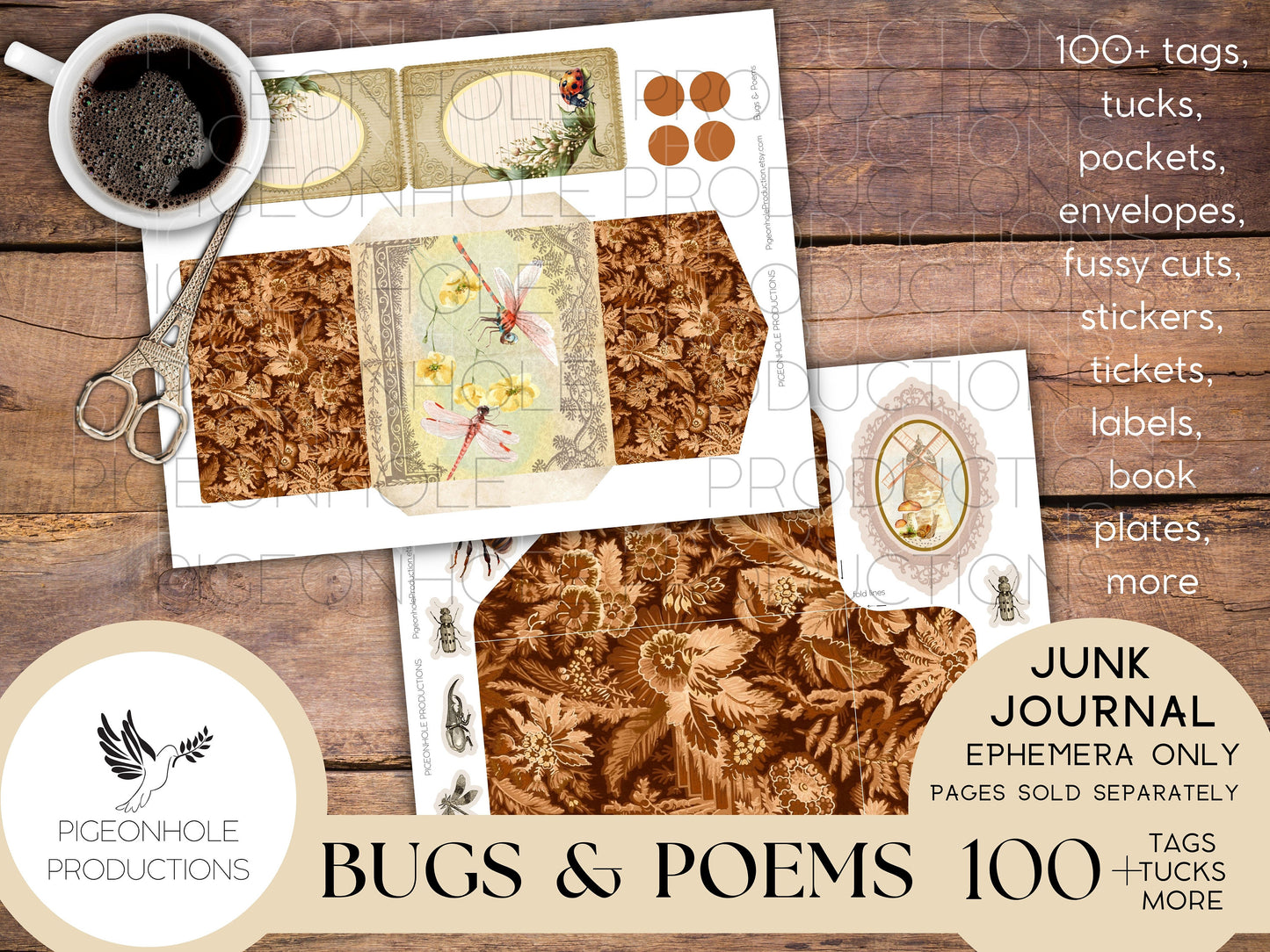 Bugs & Poems Junk Journal EPHEMERA, PRINTABLE, 70+ tags, tucks, pockets, envelopes, fussy cuts, stickers, tickets, labels, bookplates, more!