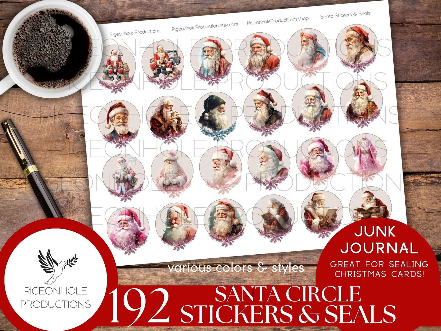 Santa Circle Stickers & Seals, PRINTABLE, 192 Christmas stickers/seals for journals, great for sealing Christmas cards, let the kids play!