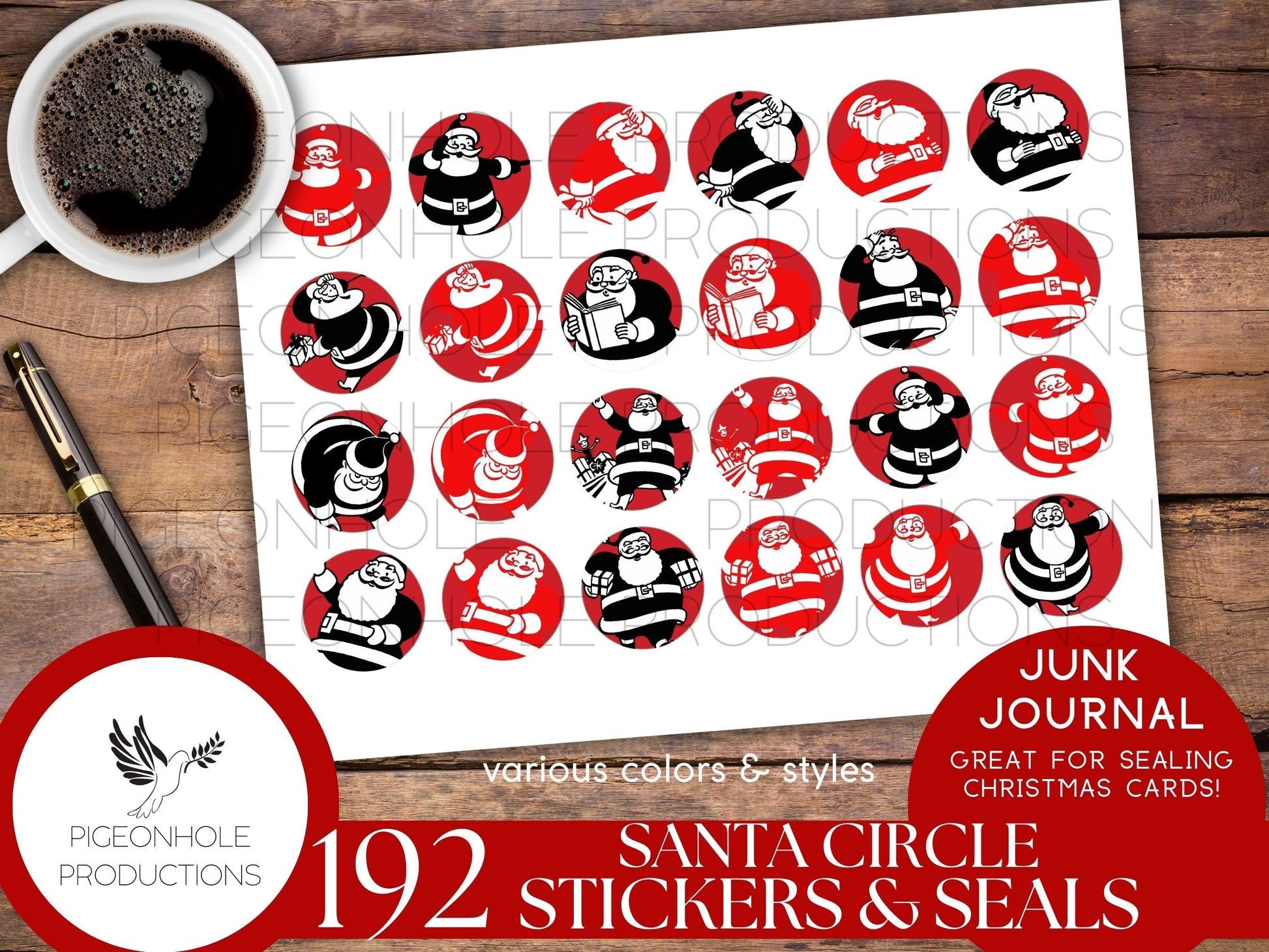 Santa Circle Stickers & Seals, PRINTABLE, 192 Christmas stickers/seals for journals, great for sealing Christmas cards, let the kids play!