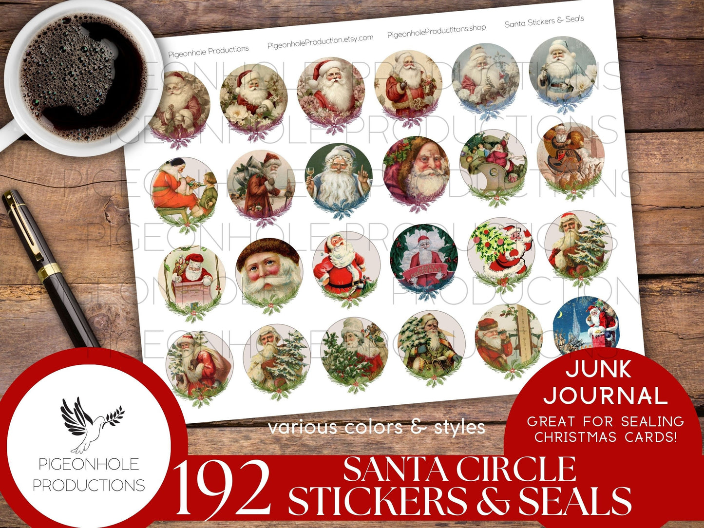 Santa Circle Stickers & Seals, PRINTABLE, 192 Christmas stickers/seals for journals, great for sealing Christmas cards, let the kids play!