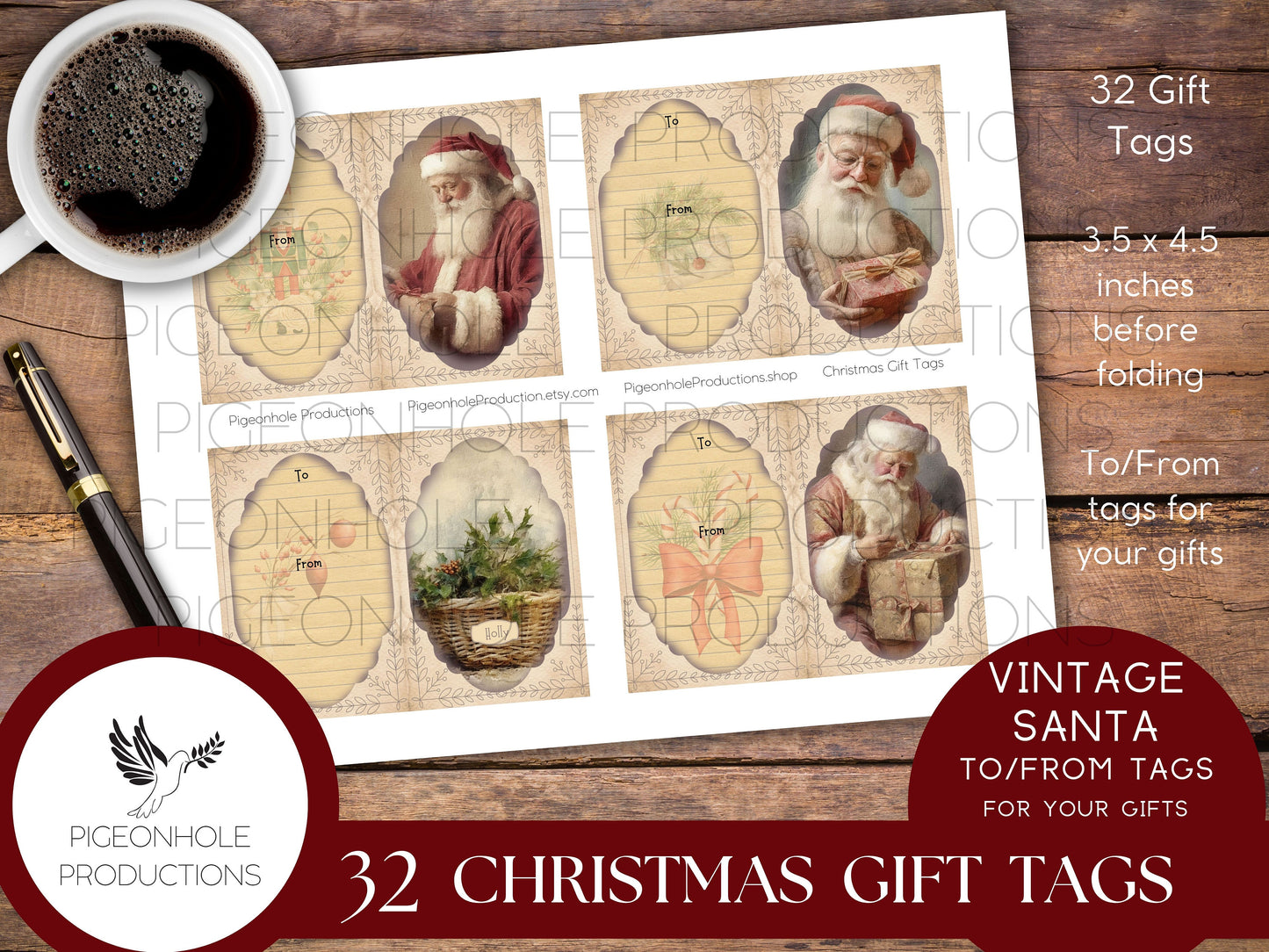 Christmas Gift Tags, PRINTABLE, 32 To/From tags for your gifts, 3.5 x 4.5 inches before folding, fold or not (as you please), Santa & more!