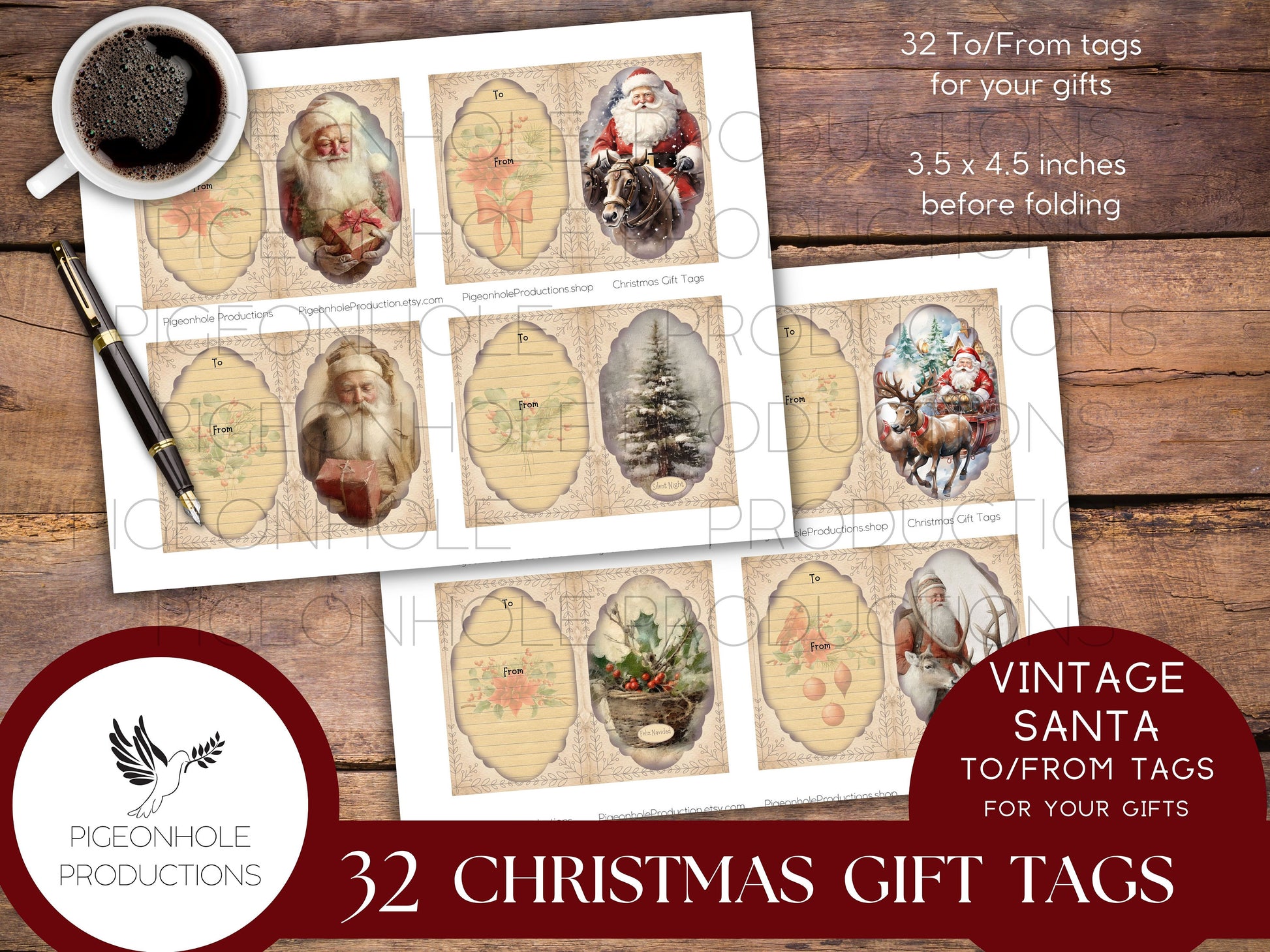 Christmas Gift Tags, PRINTABLE, 32 To/From tags for your gifts, 3.5 x 4.5 inches before folding, fold or not (as you please), Santa & more!