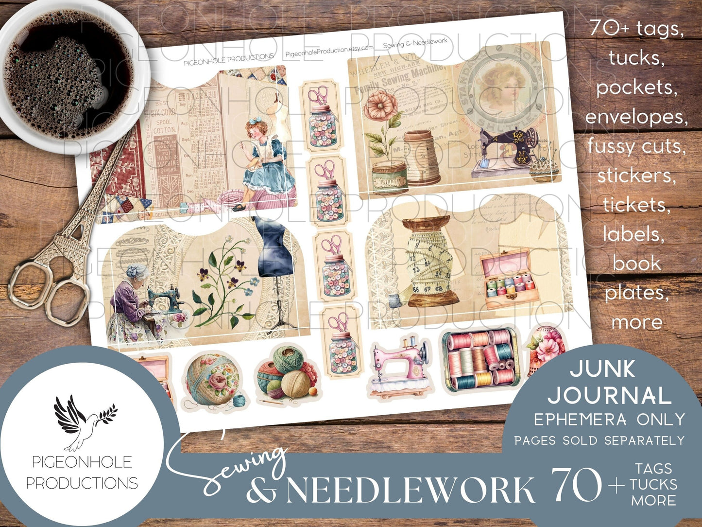 Sewing & Needlework Junk Journal EPHEMERA, PRINTABLE, 70+ tags, tucks, pockets, envelopes, fussy cuts, stickers, tickets, labels, bookplates