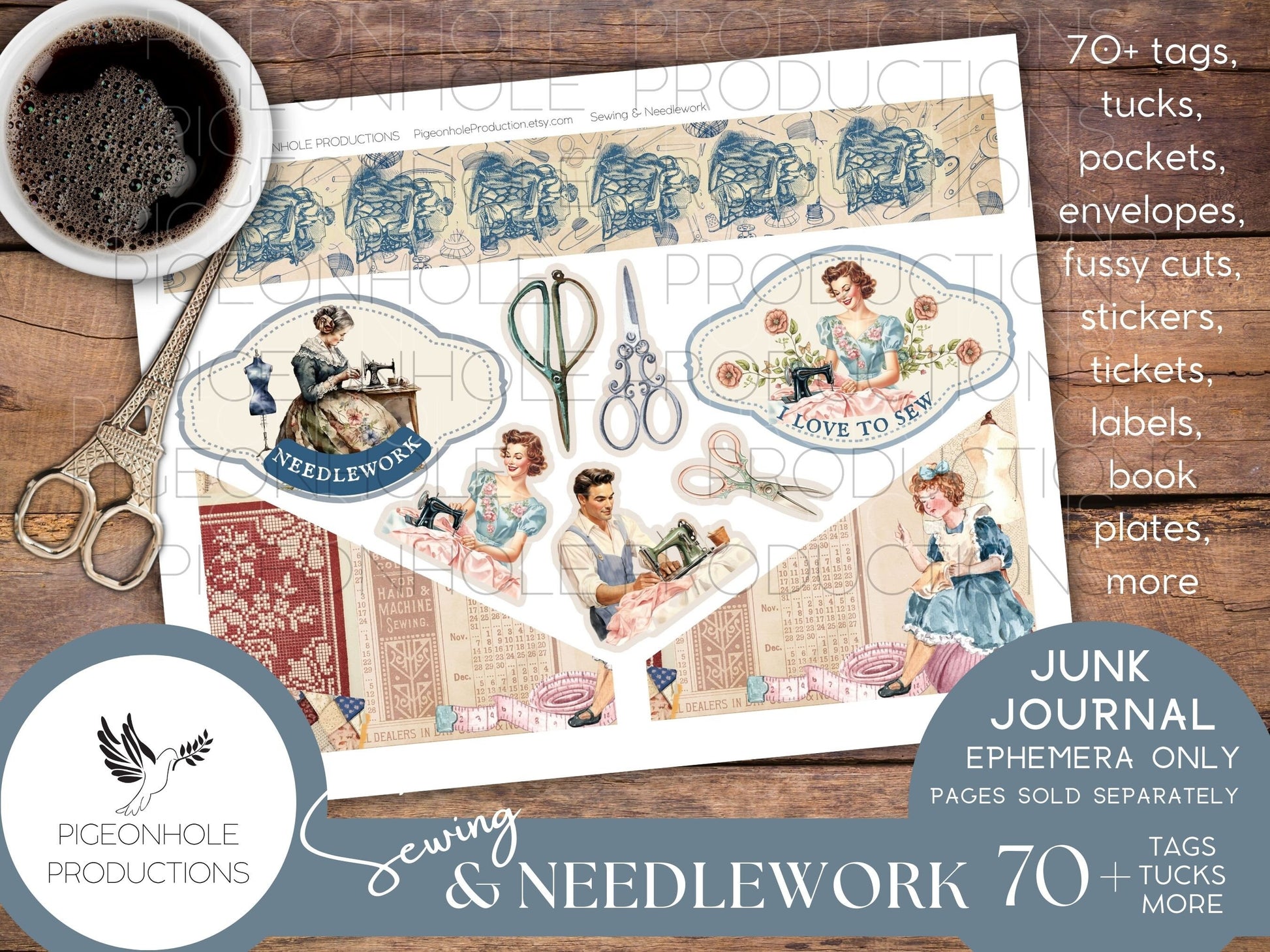 Sewing & Needlework Junk Journal EPHEMERA, PRINTABLE, 70+ tags, tucks, pockets, envelopes, fussy cuts, stickers, tickets, labels, bookplates