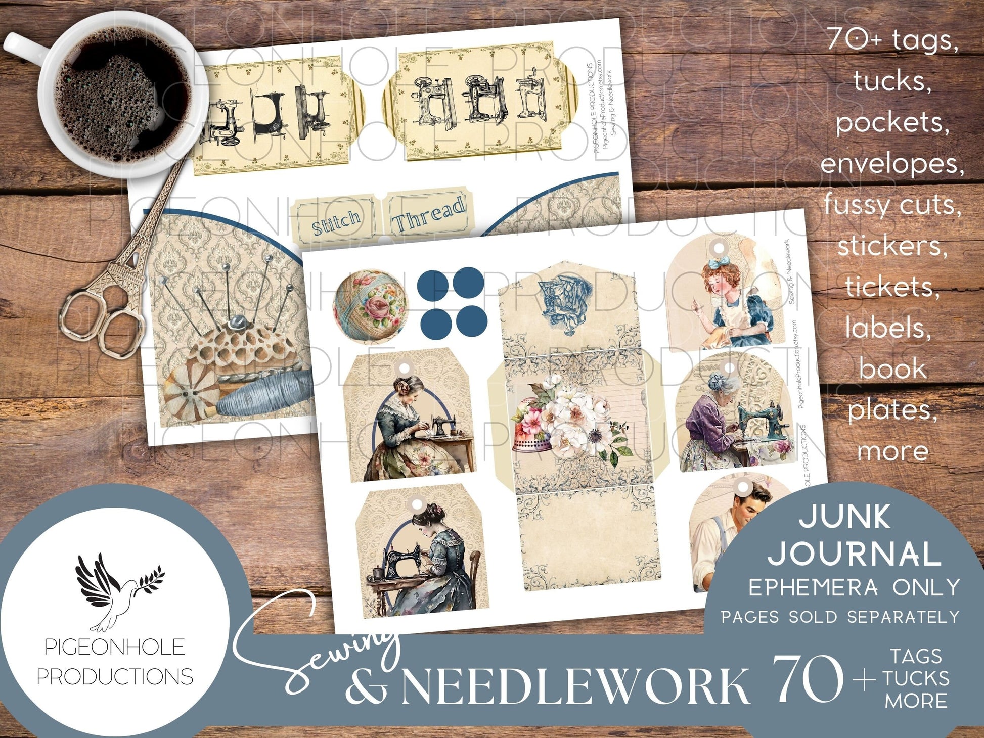 Sewing & Needlework Junk Journal EPHEMERA, PRINTABLE, 70+ tags, tucks, pockets, envelopes, fussy cuts, stickers, tickets, labels, bookplates