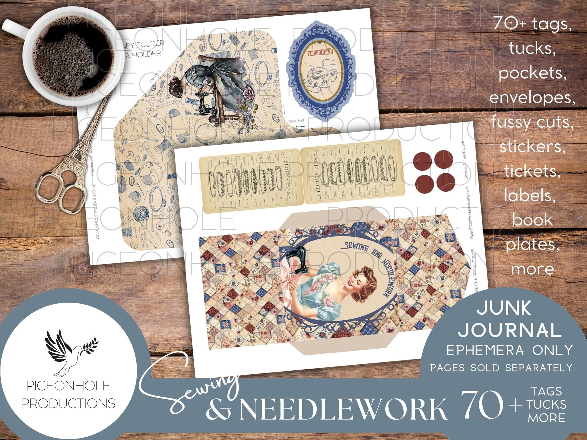 Sewing & Needlework Junk Journal EPHEMERA, PRINTABLE, 70+ tags, tucks, pockets, envelopes, fussy cuts, stickers, tickets, labels, bookplates