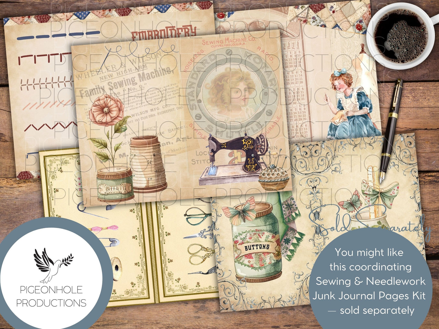 Sewing & Needlework Junk Journal EPHEMERA, PRINTABLE, 70+ tags, tucks, pockets, envelopes, fussy cuts, stickers, tickets, labels, bookplates