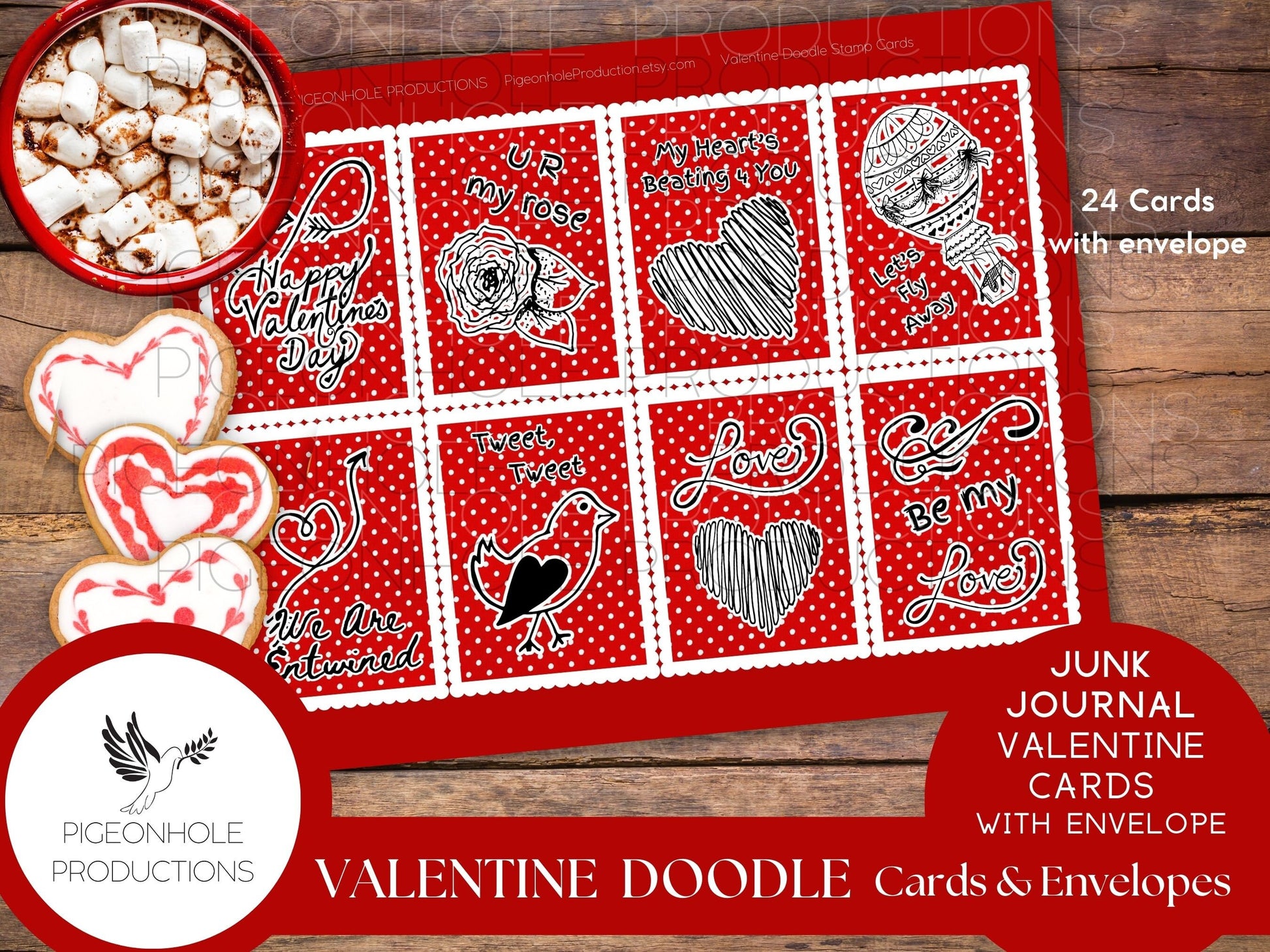Valentine Doodle Cards & Envelopes, PRINTABLE, 24 cards, includes envelope (print as many as you need), approx. 2.5" x 3.5", great for kids!