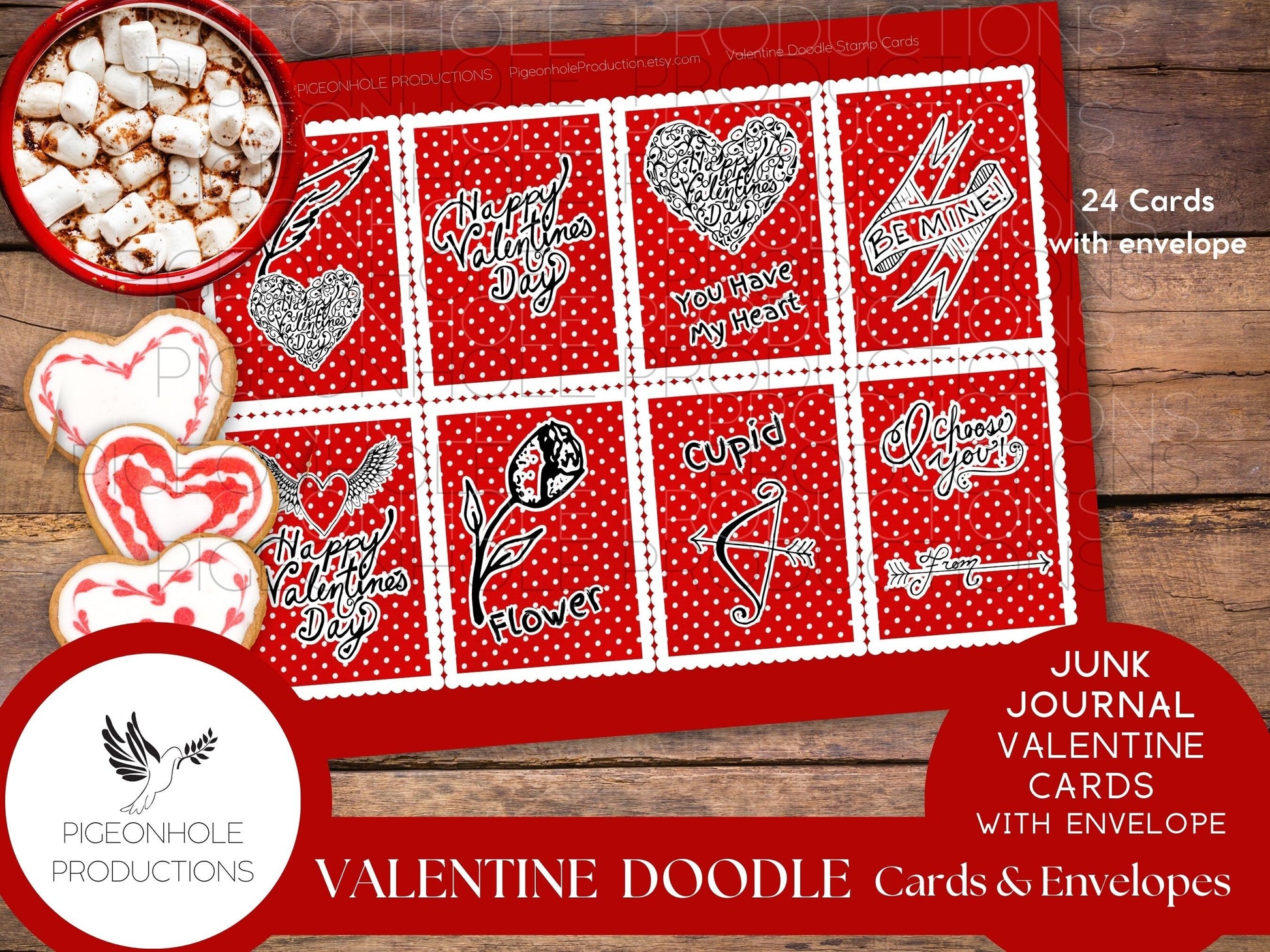 Valentine Doodle Cards & Envelopes, PRINTABLE, 24 cards, includes envelope (print as many as you need), approx. 2.5" x 3.5", great for kids!