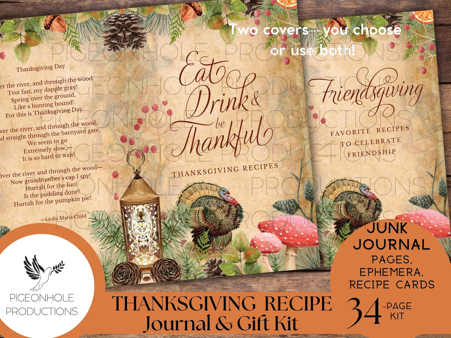 Thanksgiving Recipe Journal & Gift Kit, PRINTABLE, 34 sheets, with recipe cards, gift envelope—everything needed to make a journal or gift!