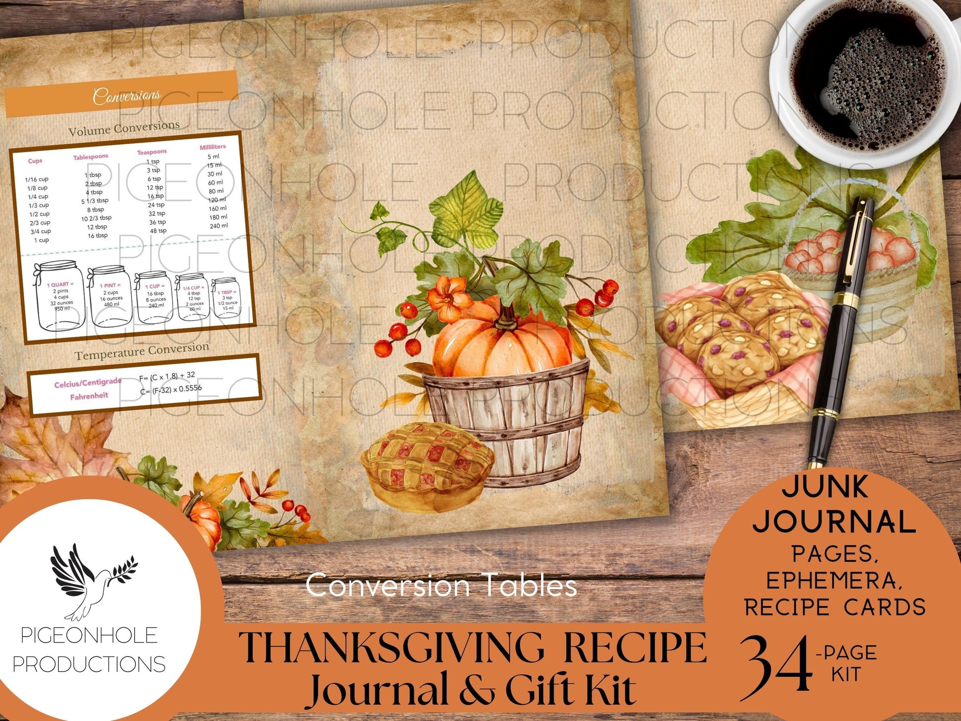 Thanksgiving Recipe Journal & Gift Kit, PRINTABLE, 34 sheets, with recipe cards, gift envelope—everything needed to make a journal or gift!