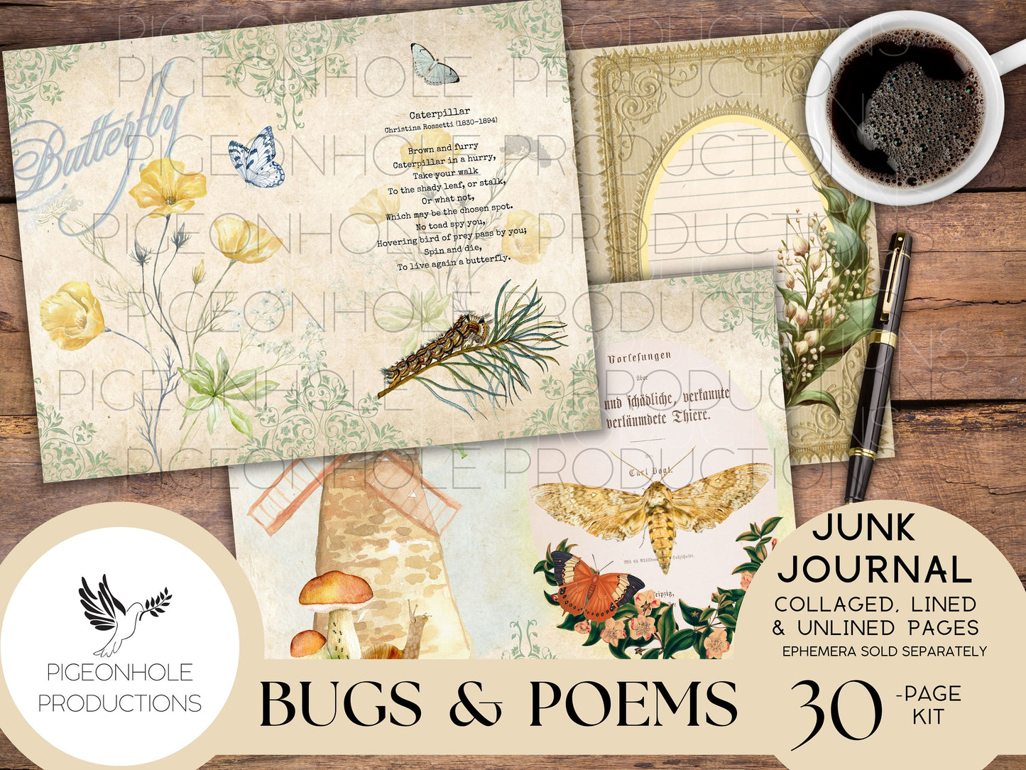 Bugs & Poems Junk Journal Pages Kit, PRINTABLE, 30 collaged, lined and unlined papers for journaling, scrapbooking, card making, papercraft