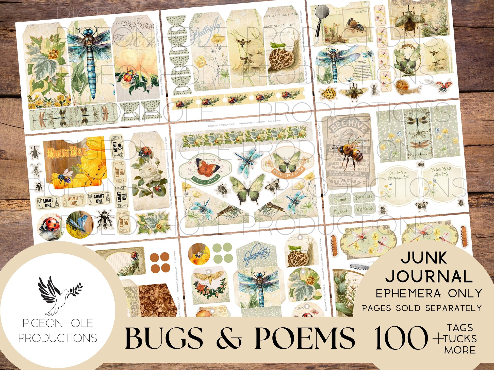 Bugs & Poems Junk Journal EPHEMERA, PRINTABLE, 70+ tags, tucks, pockets, envelopes, fussy cuts, stickers, tickets, labels, bookplates, more!