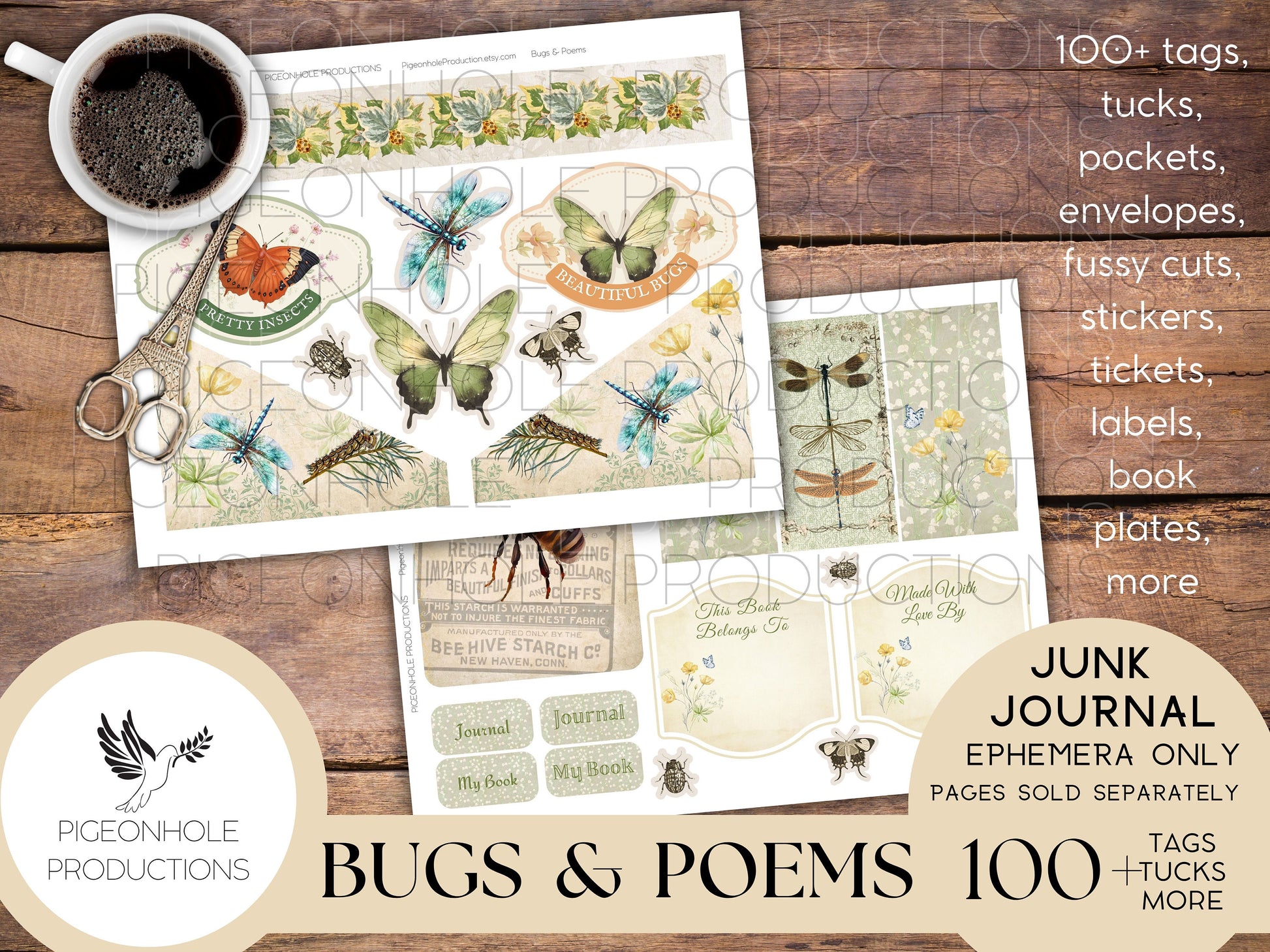 Bugs & Poems Junk Journal EPHEMERA, PRINTABLE, 70+ tags, tucks, pockets, envelopes, fussy cuts, stickers, tickets, labels, bookplates, more!