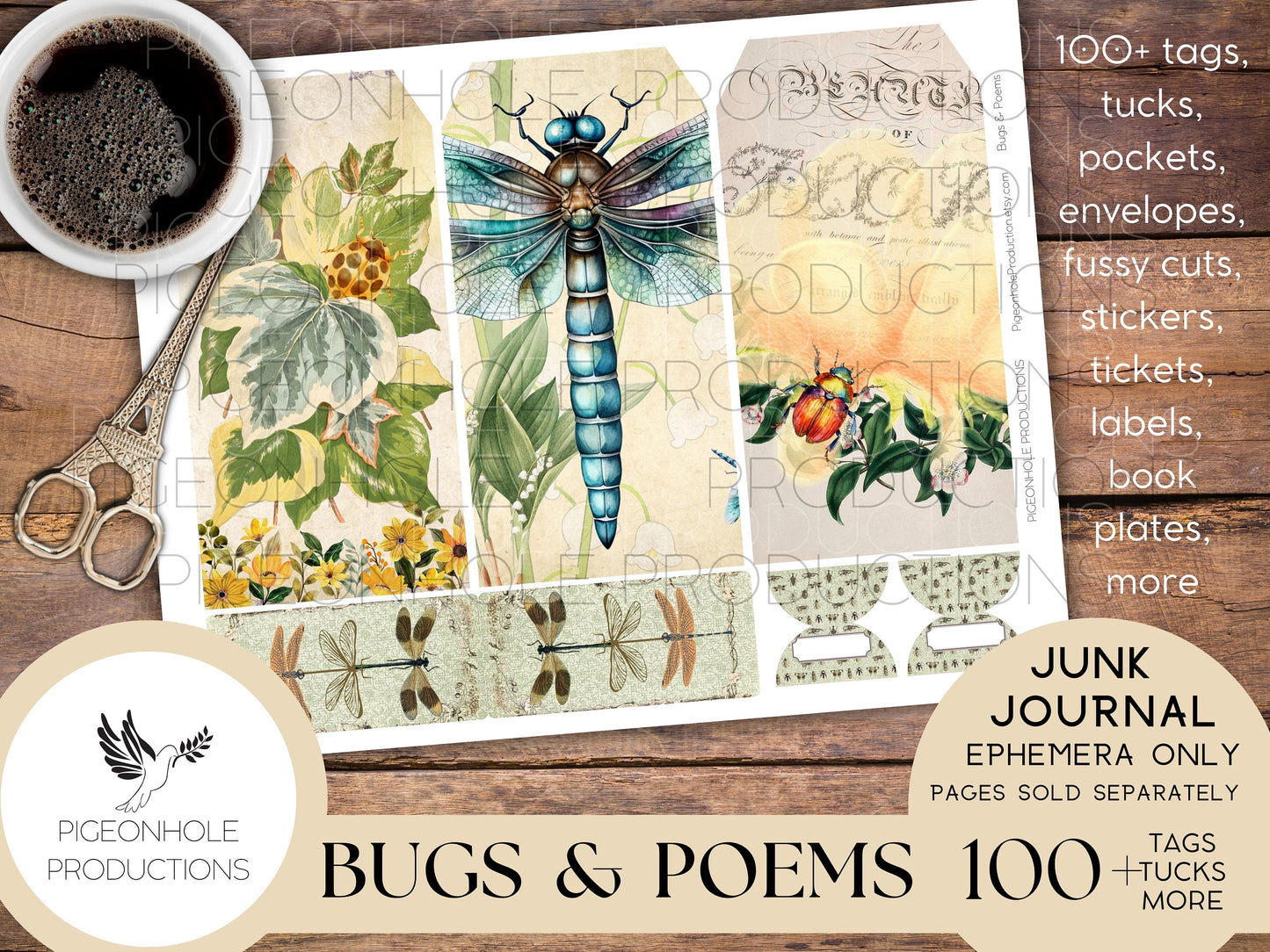 Bugs & Poems Junk Journal EPHEMERA, PRINTABLE, 70+ tags, tucks, pockets, envelopes, fussy cuts, stickers, tickets, labels, bookplates, more!