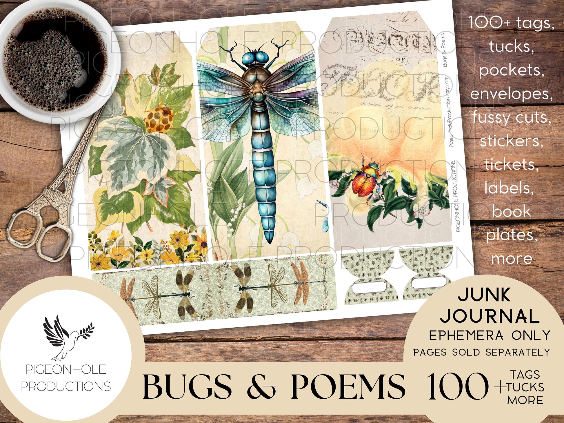 Bugs & Poems Junk Journal EPHEMERA, PRINTABLE, 70+ tags, tucks, pockets, envelopes, fussy cuts, stickers, tickets, labels, bookplates, more!