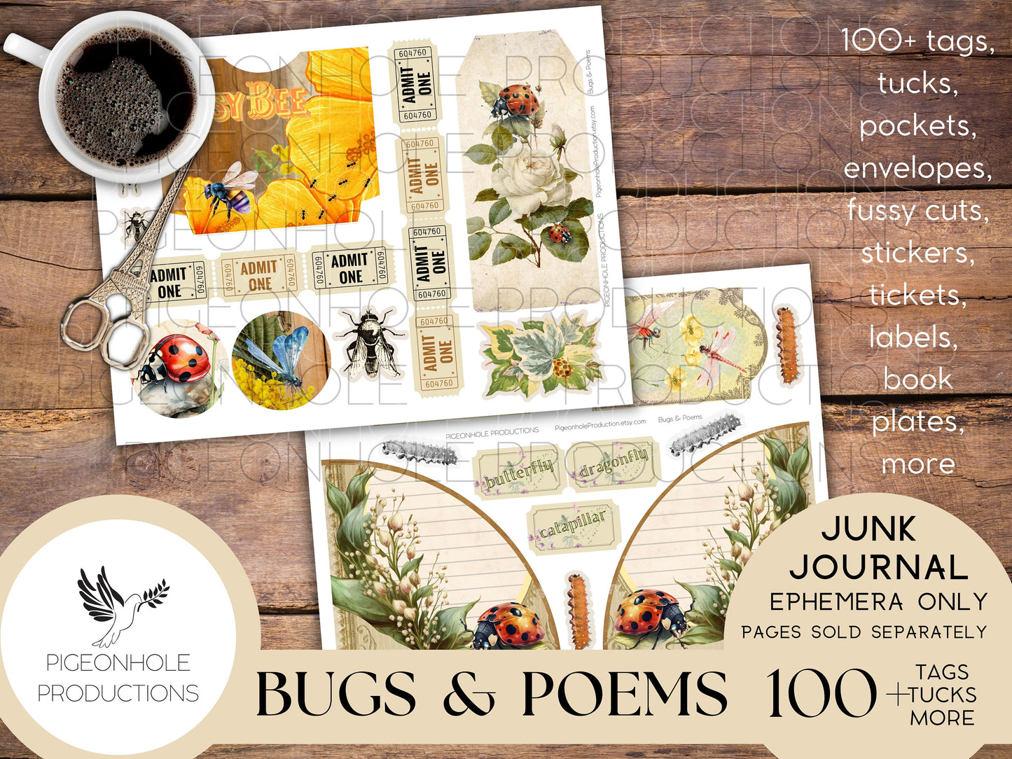 Bugs & Poems Junk Journal EPHEMERA, PRINTABLE, 70+ tags, tucks, pockets, envelopes, fussy cuts, stickers, tickets, labels, bookplates, more!