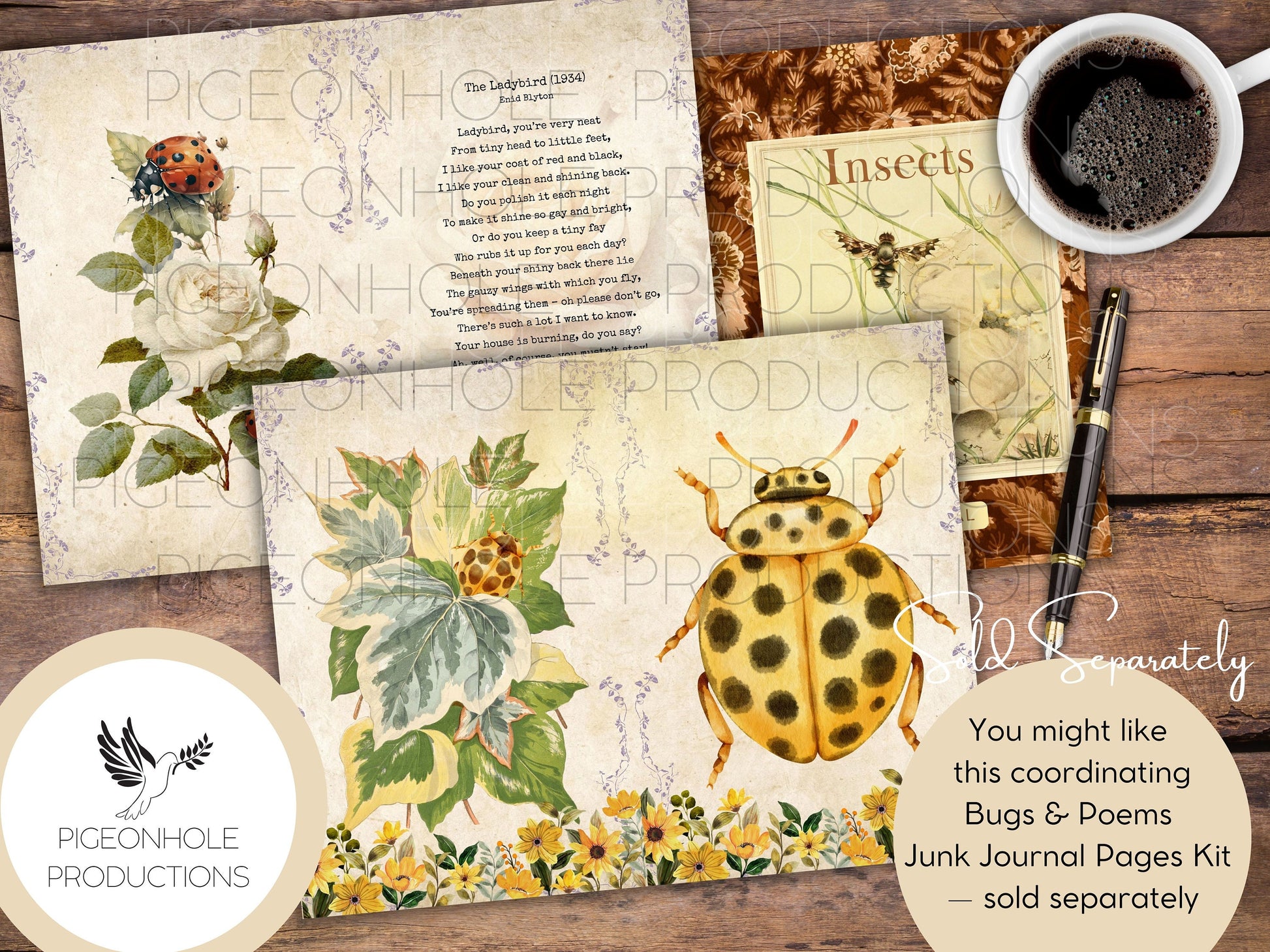 Bugs & Poems Junk Journal EPHEMERA, PRINTABLE, 70+ tags, tucks, pockets, envelopes, fussy cuts, stickers, tickets, labels, bookplates, more!