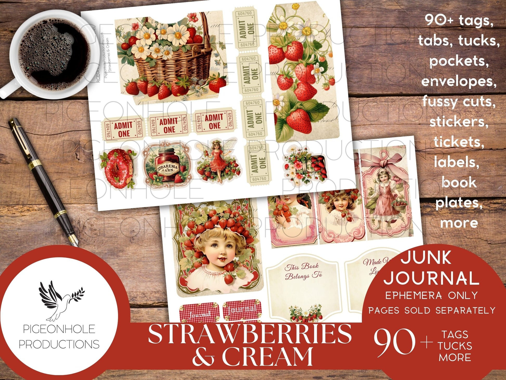 Strawberries & Cream Junk Journal EPHEMERA, PRINTABLE, 95 tags, tucks, pockets, envelopes, fussy cuts, stickers, tickets, labels, bookplates