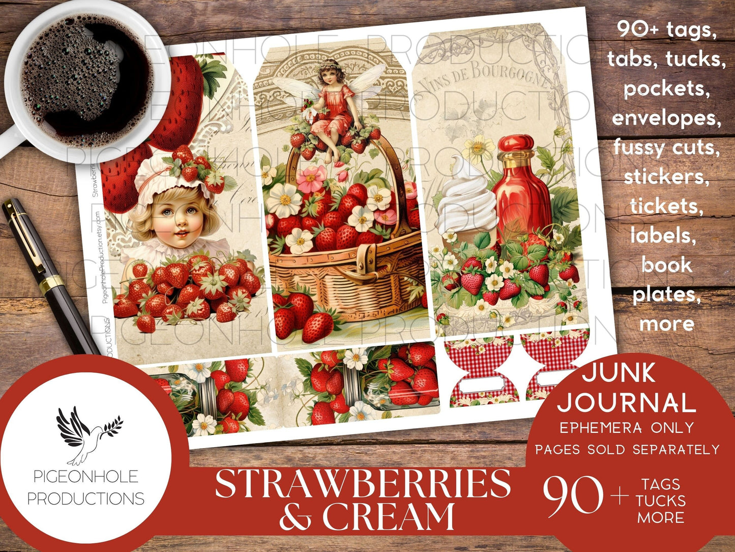 Strawberries & Cream Junk Journal EPHEMERA, PRINTABLE, 95 tags, tucks, pockets, envelopes, fussy cuts, stickers, tickets, labels, bookplates