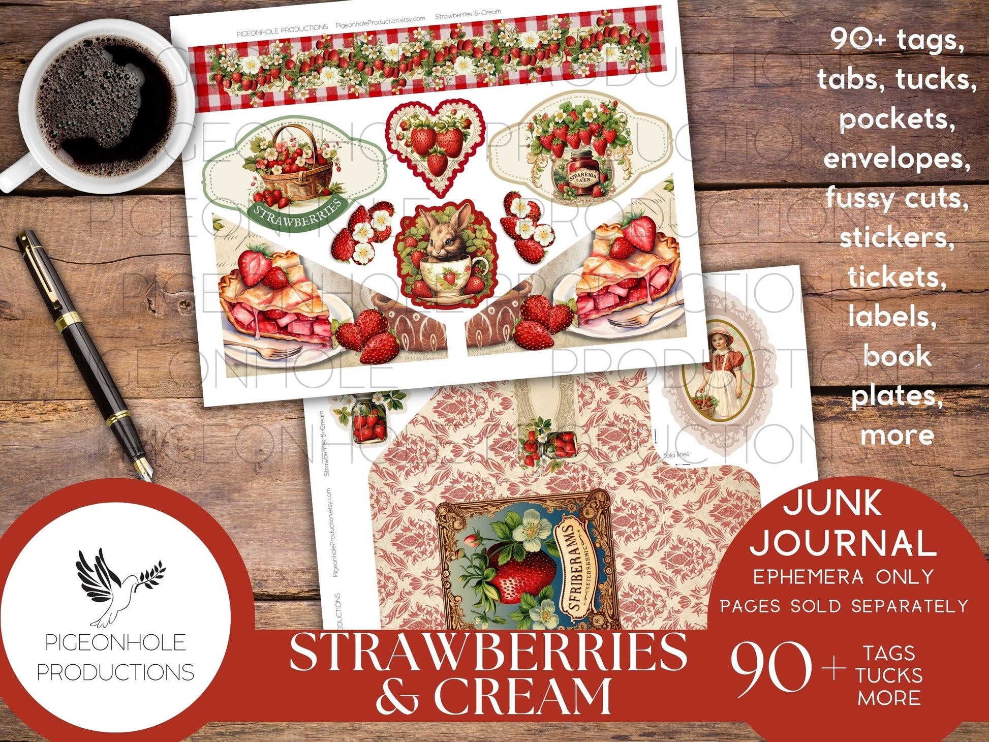 Strawberries & Cream Junk Journal EPHEMERA, PRINTABLE, 95 tags, tucks, pockets, envelopes, fussy cuts, stickers, tickets, labels, bookplates