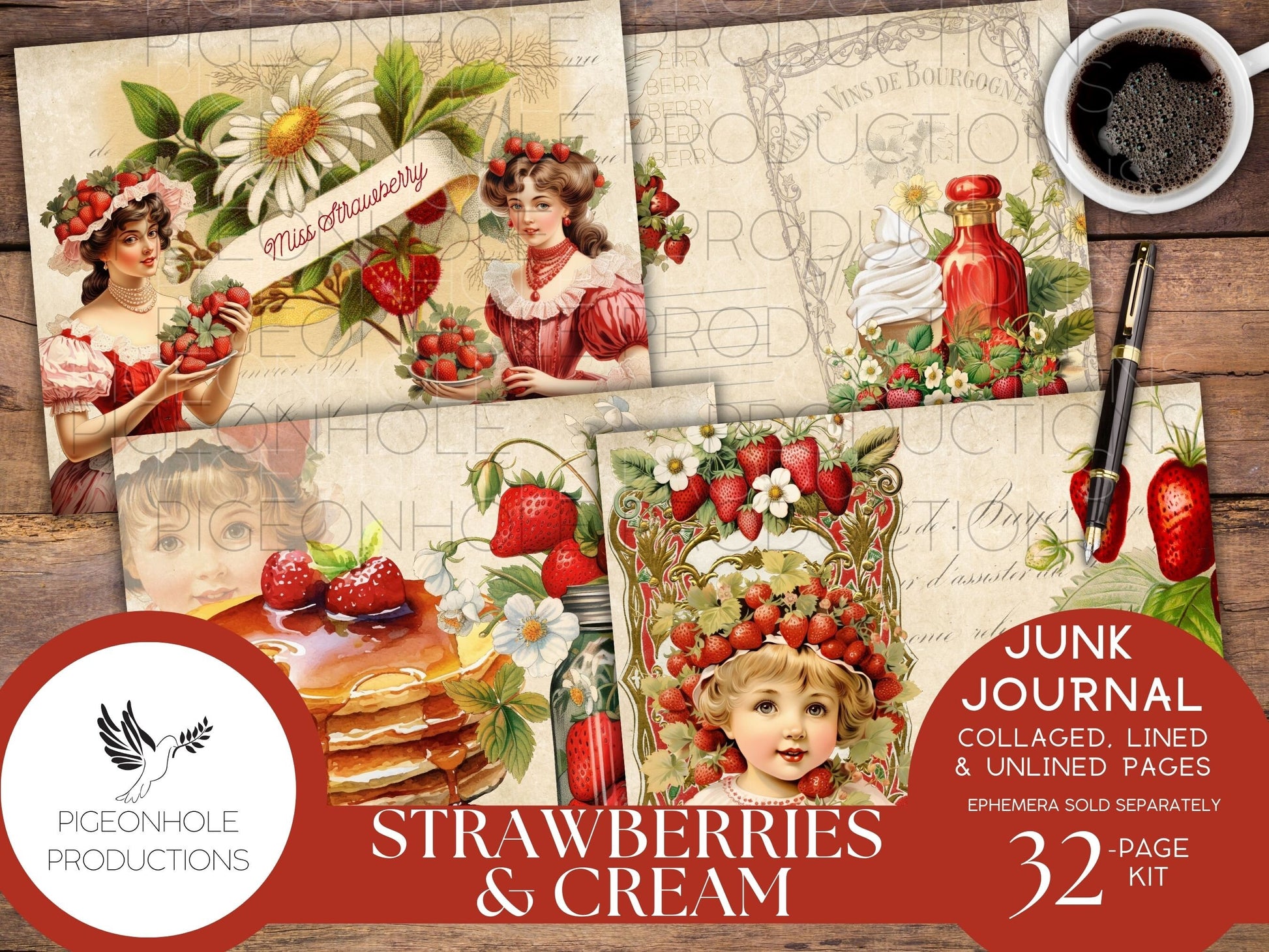 Strawberries & Cream Junk Journal Pages, PRINTABLE, 32 collaged, lined, unlined journal pages for scrapbooking, card making, paper crafts