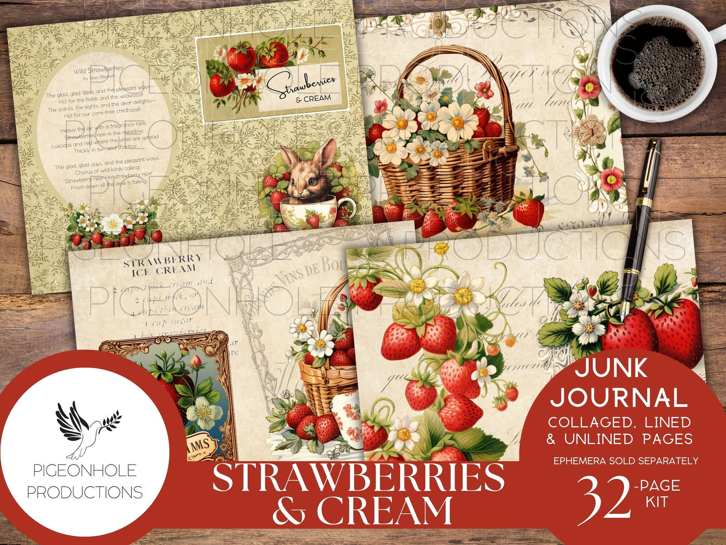 Strawberries & Cream Junk Journal Pages, PRINTABLE, 32 collaged, lined, unlined journal pages for scrapbooking, card making, paper crafts