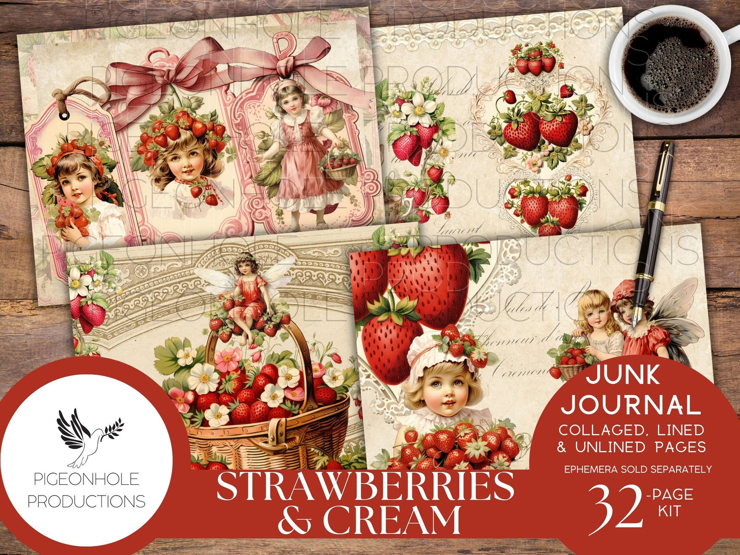 Strawberries & Cream Junk Journal Pages, PRINTABLE, 32 collaged, lined, unlined journal pages for scrapbooking, card making, paper crafts