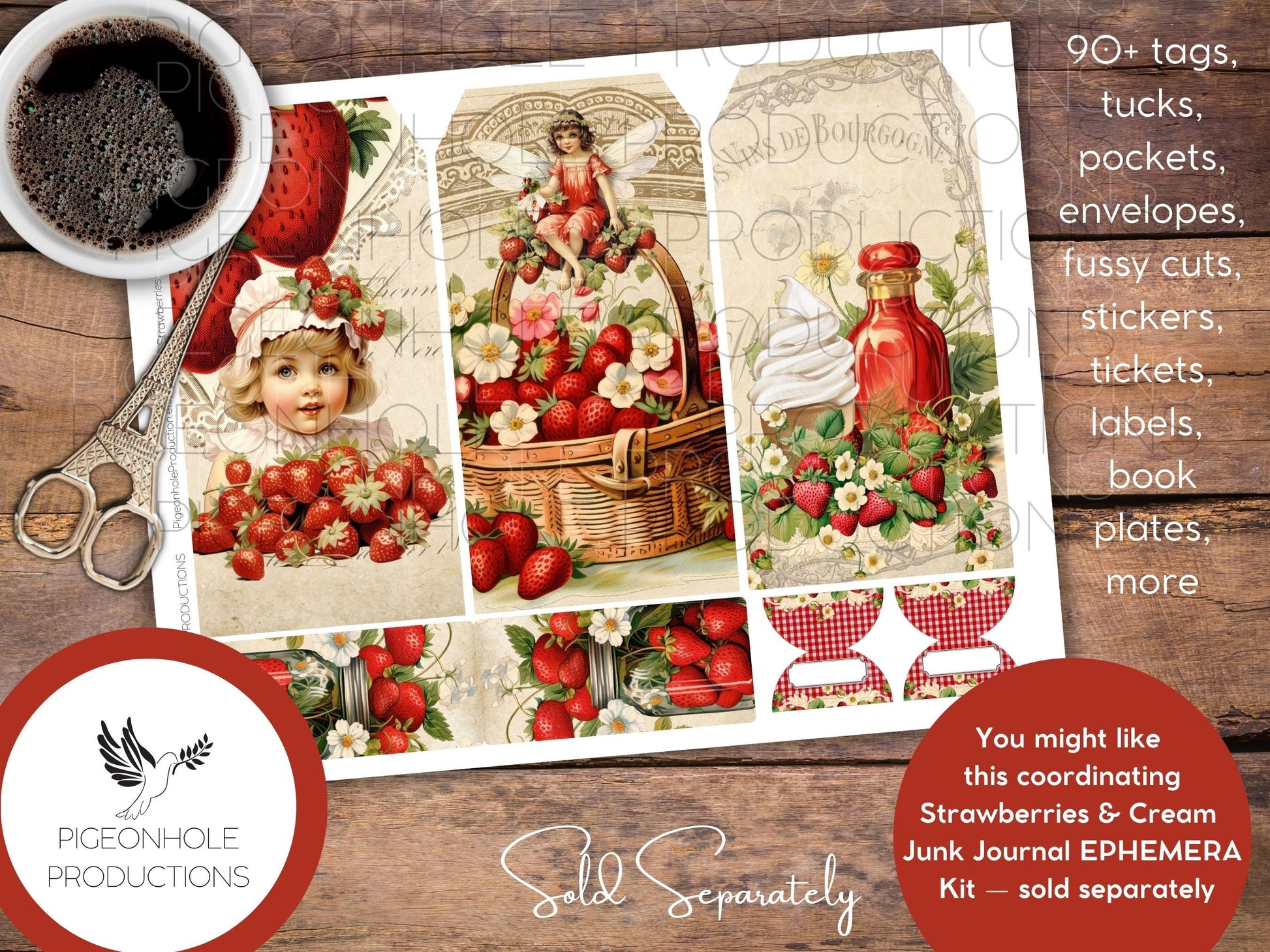 Strawberries & Cream Junk Journal Pages, PRINTABLE, 32 collaged, lined, unlined journal pages for scrapbooking, card making, paper crafts