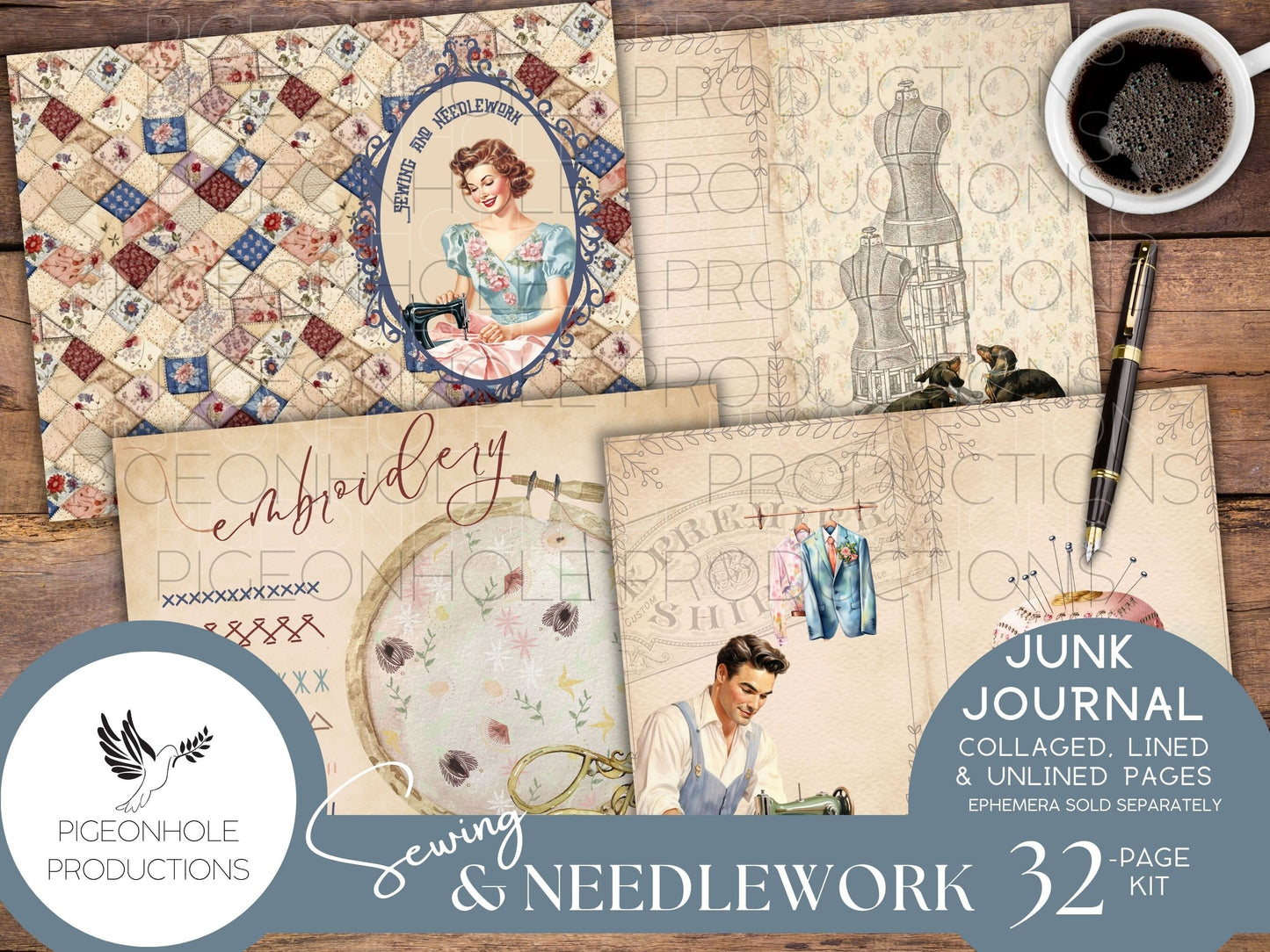 Sewing & Needlework Junk Journal PAGES, PRINTABLE, 32 collaged, lined and unlined papers for journals, scrapbooking, card making, papercraft